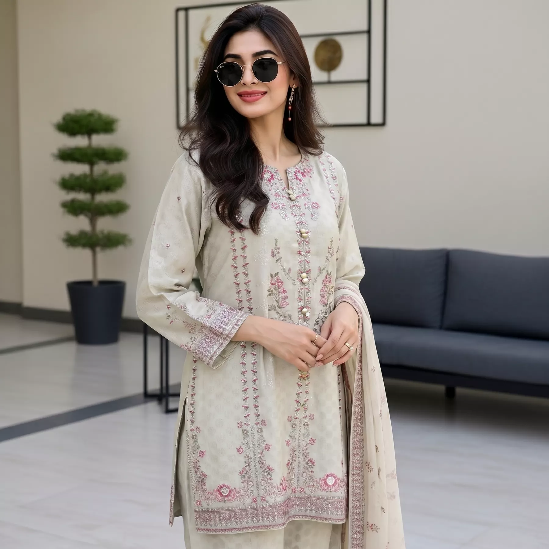 Beige 3 piece Cambric cotton Stitched Suit