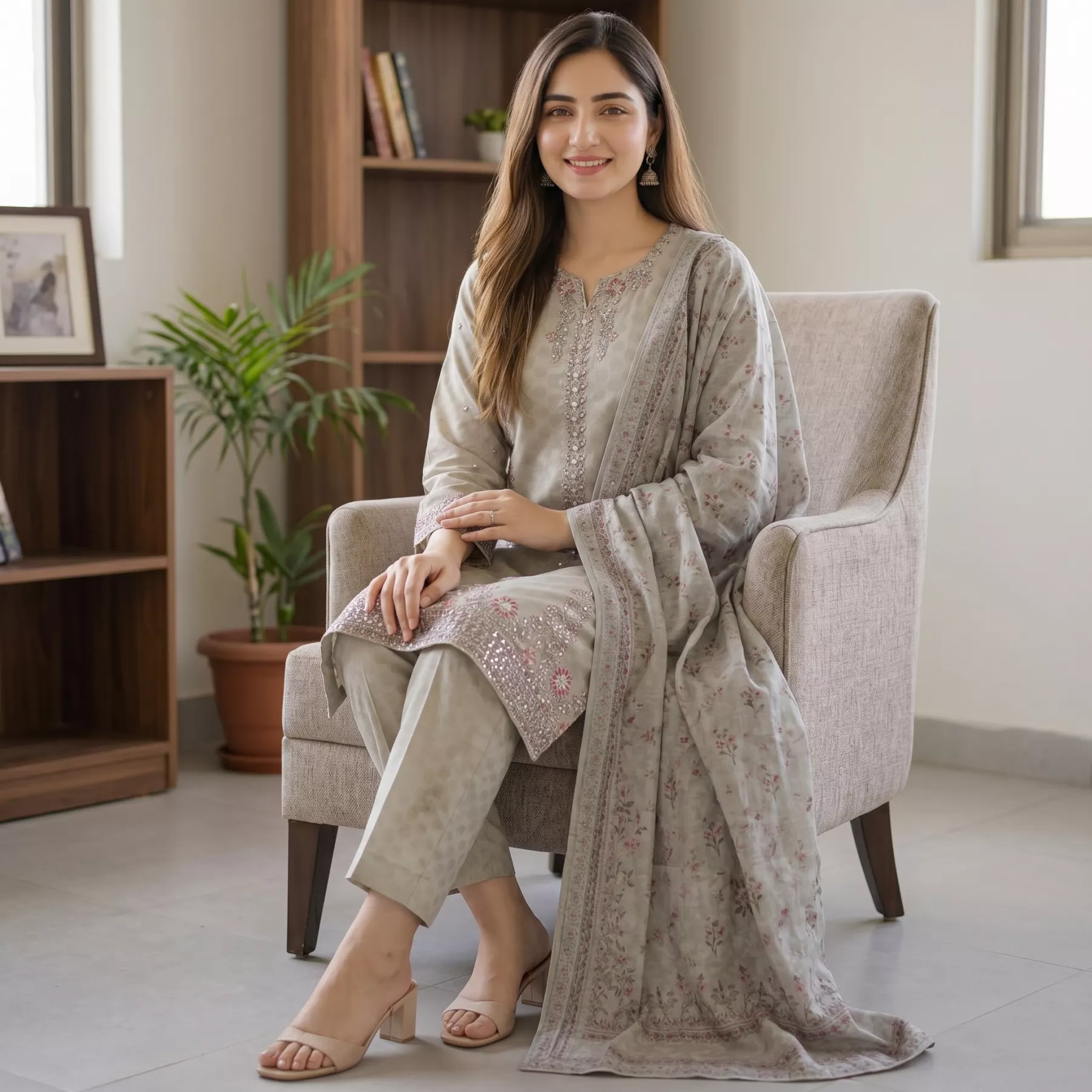 Beige 3 piece Cambric cotton Stitched Suit