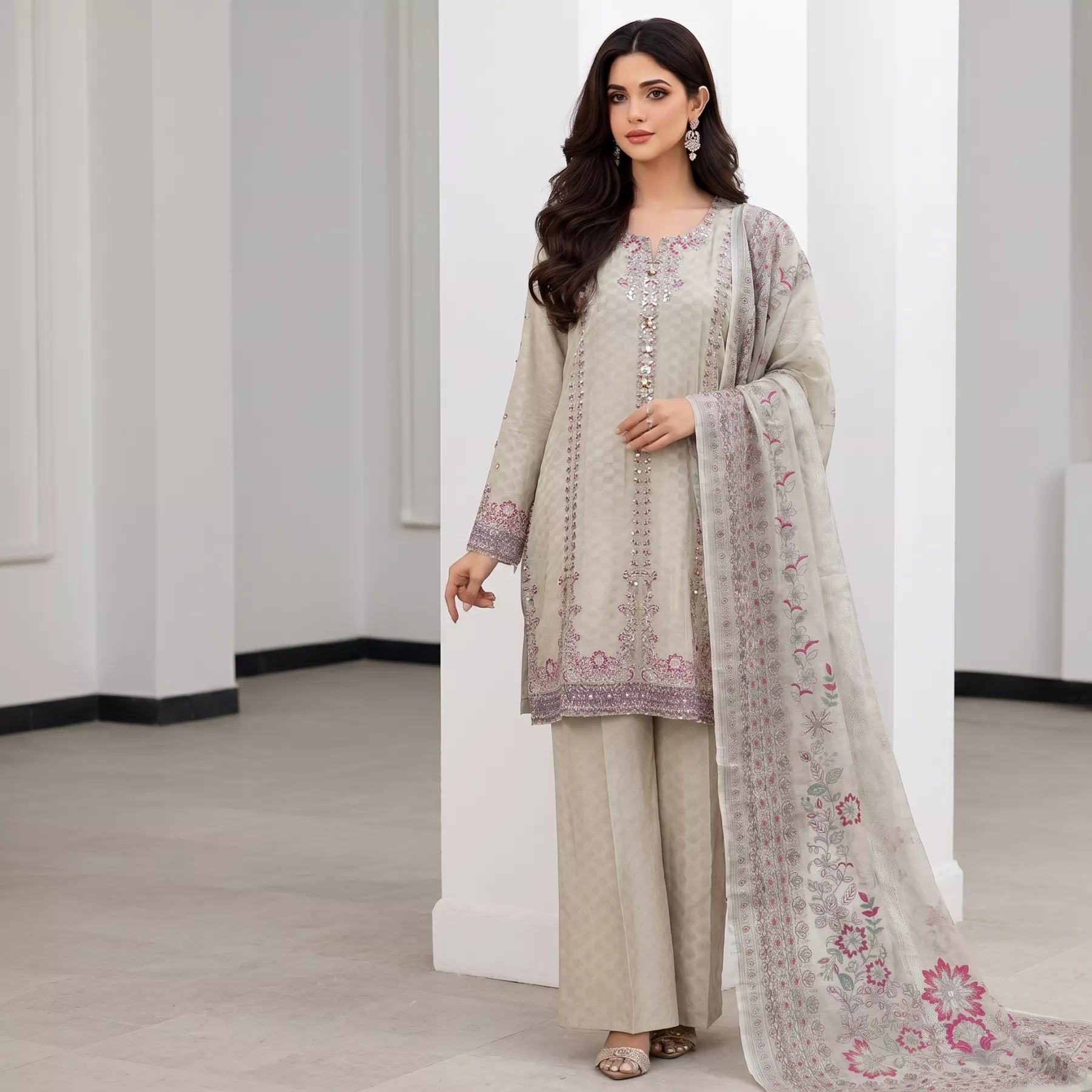 Beige 3 piece Cambric cotton Stitched Suit