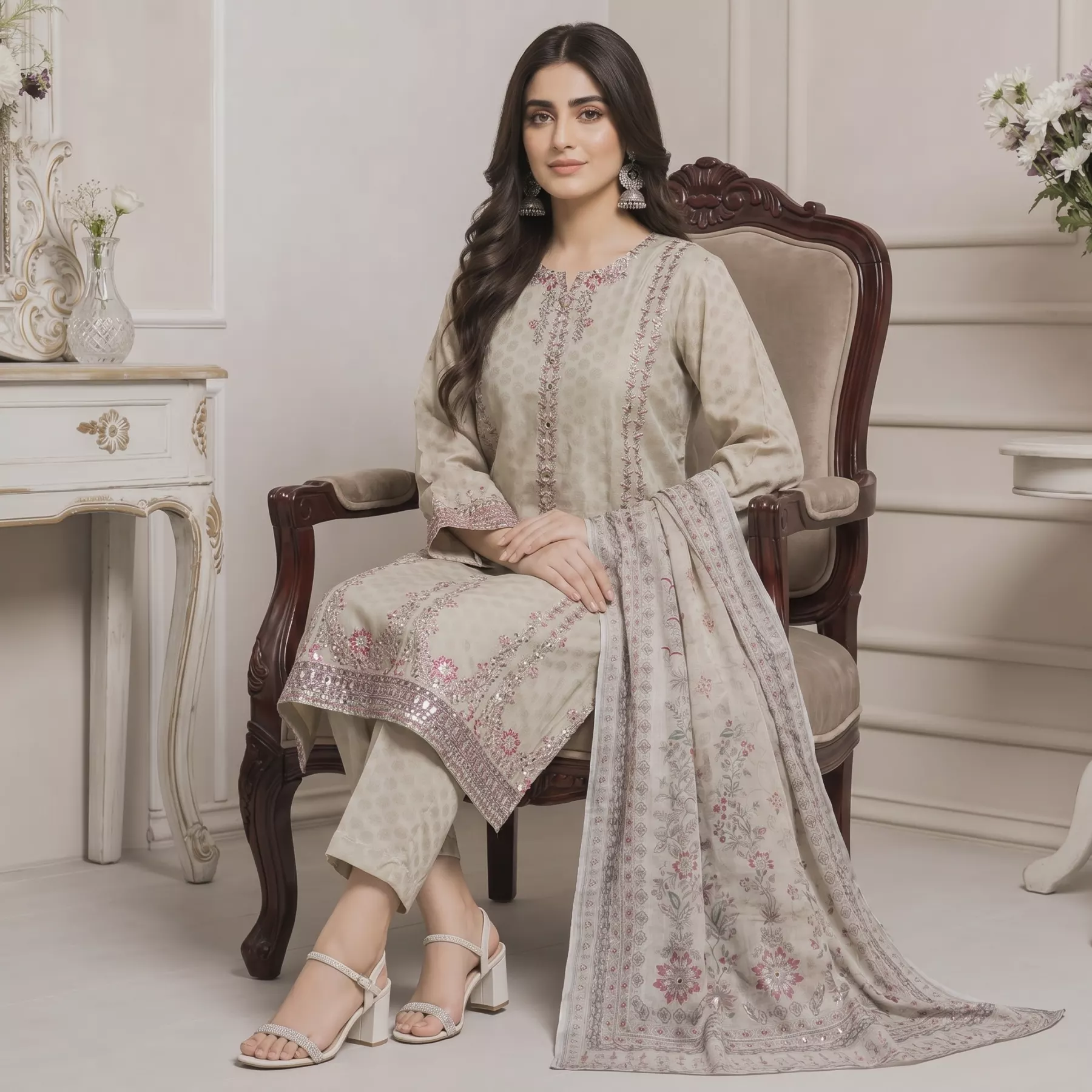 Beige 3 piece Cambric cotton Stitched Suit