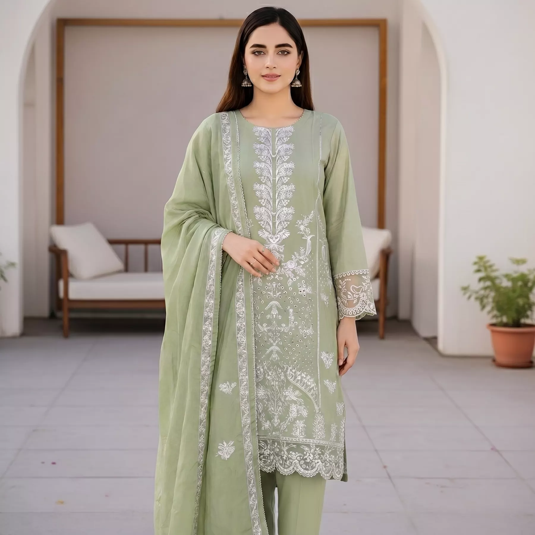Mint Green 3 piece Lawn Embroidered Stitched Suit