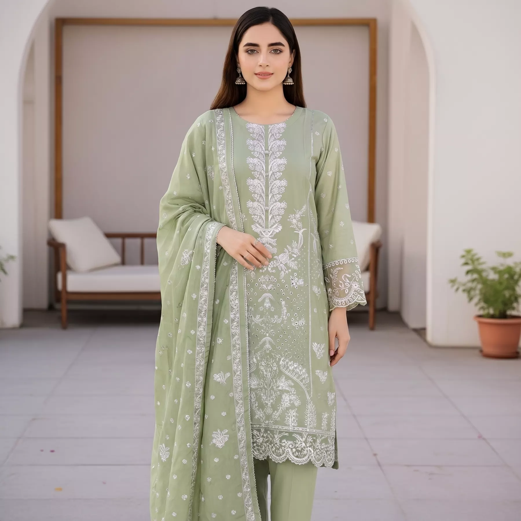 Mint Green 3 piece Lawn Embroidered Stitched Suit