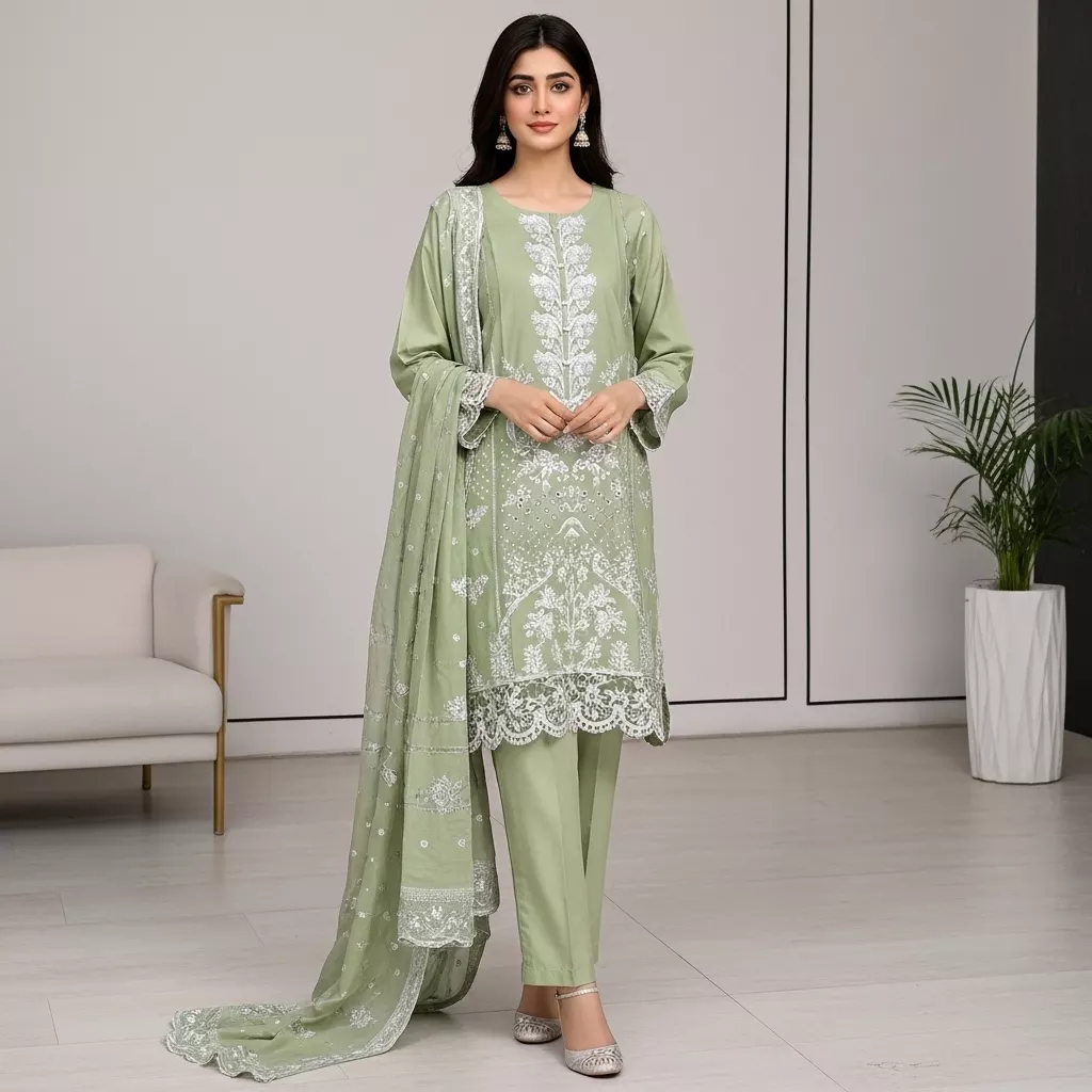 Mint Green 3 piece Lawn Embroidered Stitched Suit