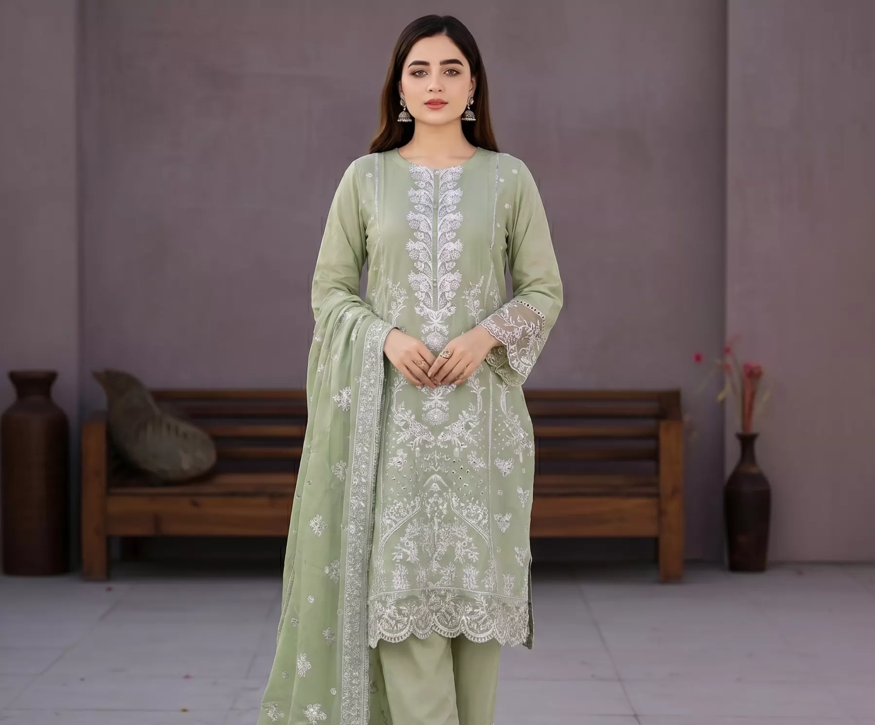 Mint Green 3 piece Lawn Embroidered Stitched Suit