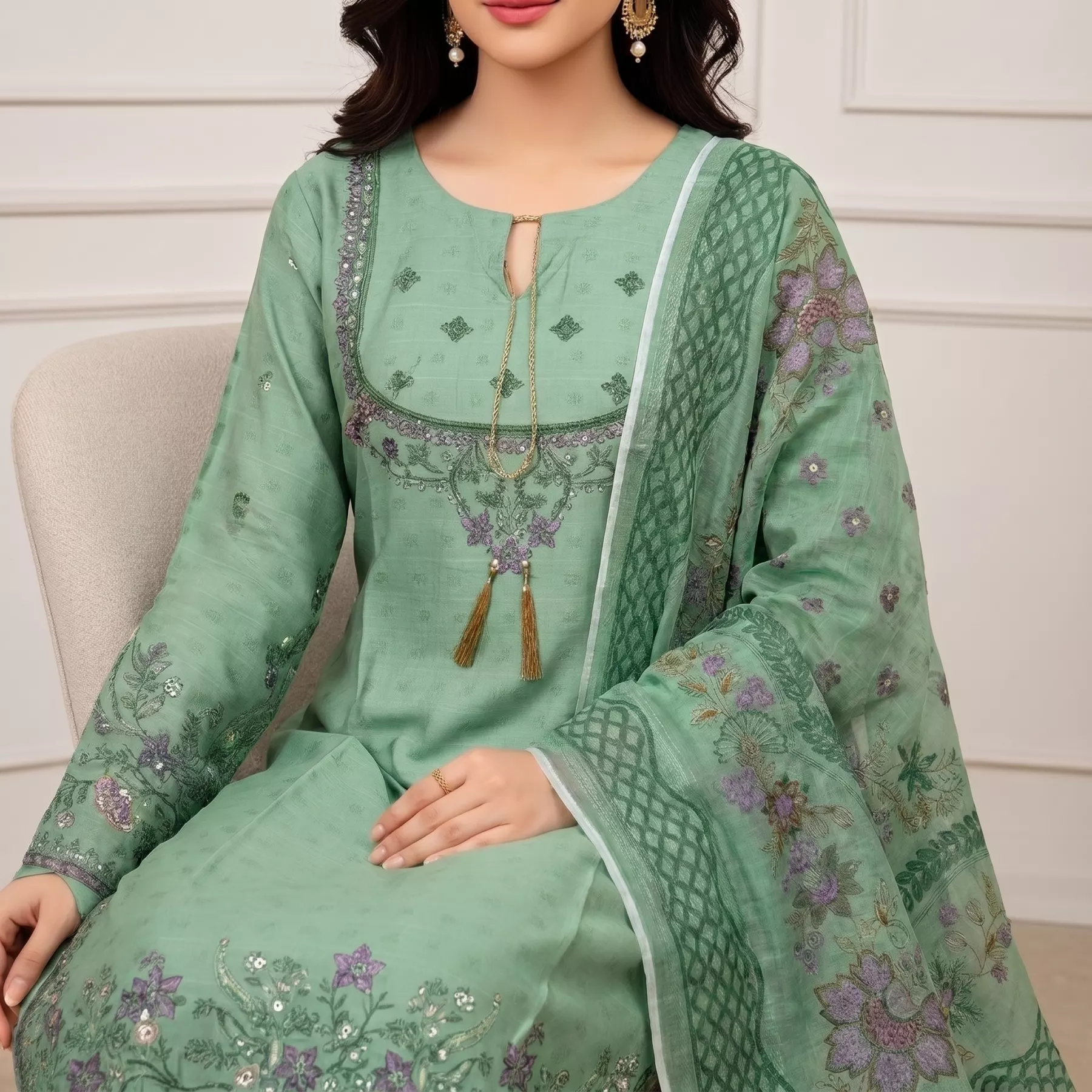 Green 3 piece Embroidered Cambric Cotton Stitvhed Suit