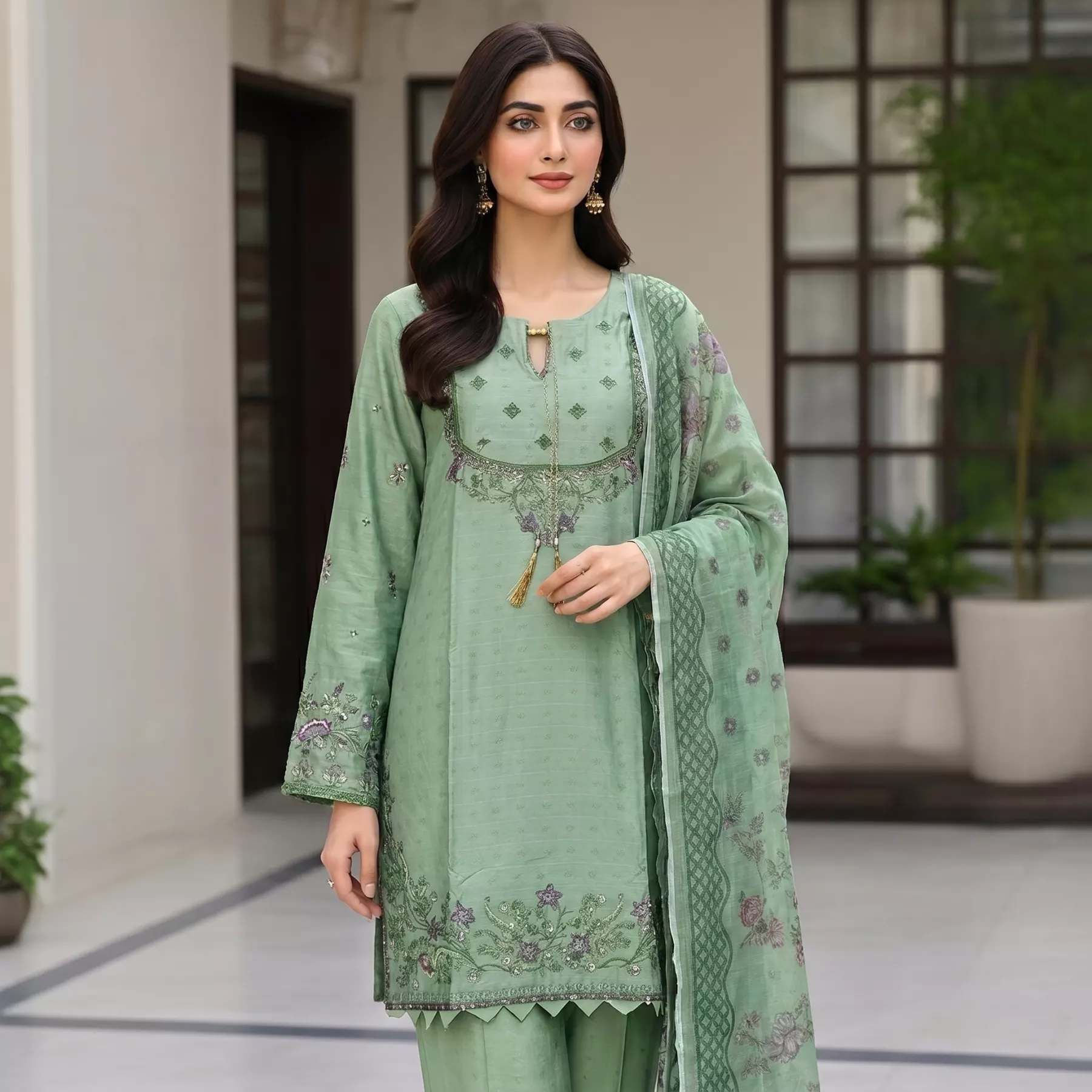 Green 3 piece Embroidered Cambric Cotton Stitvhed Suit