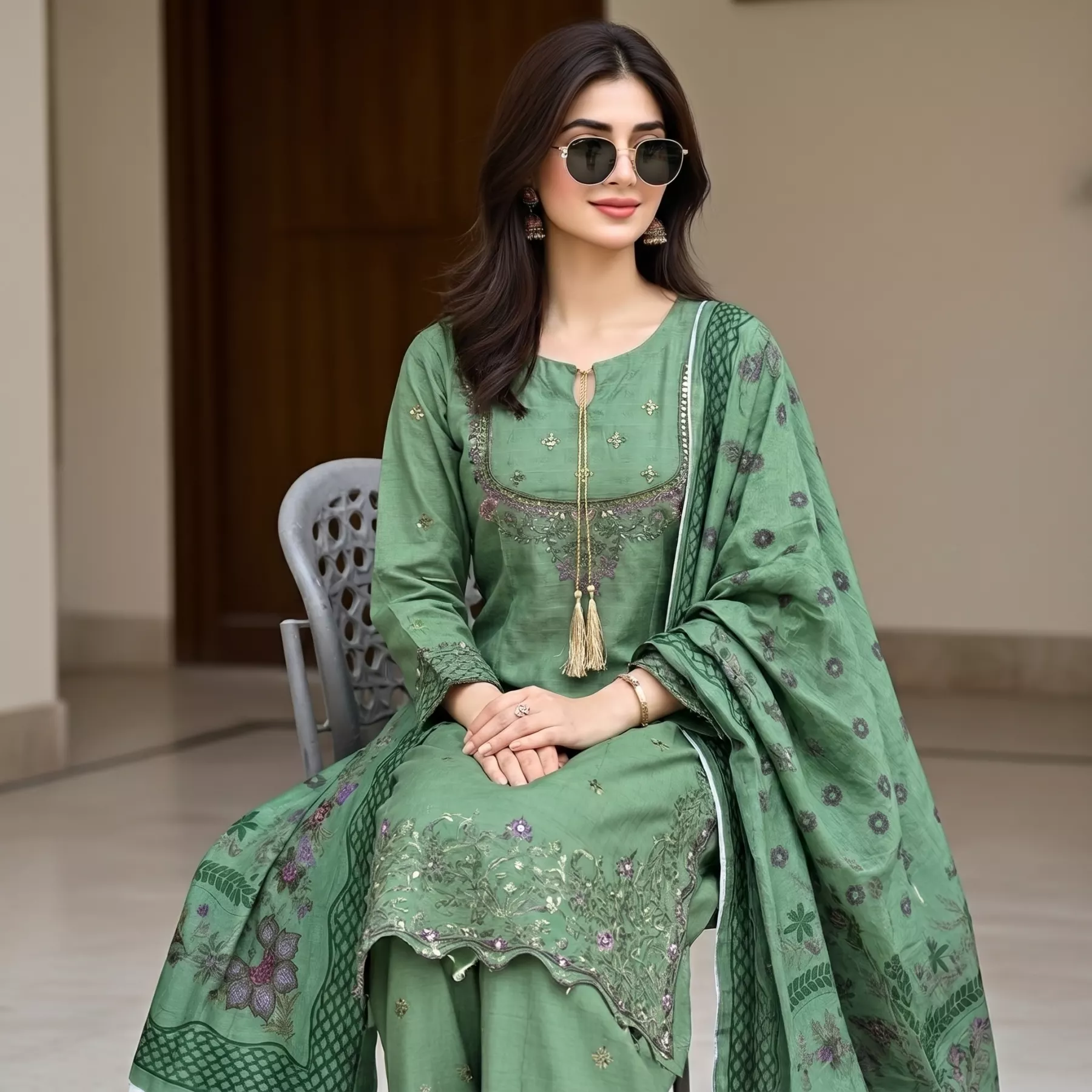 Green 3 piece Embroidered Cambric Cotton Stitvhed Suit