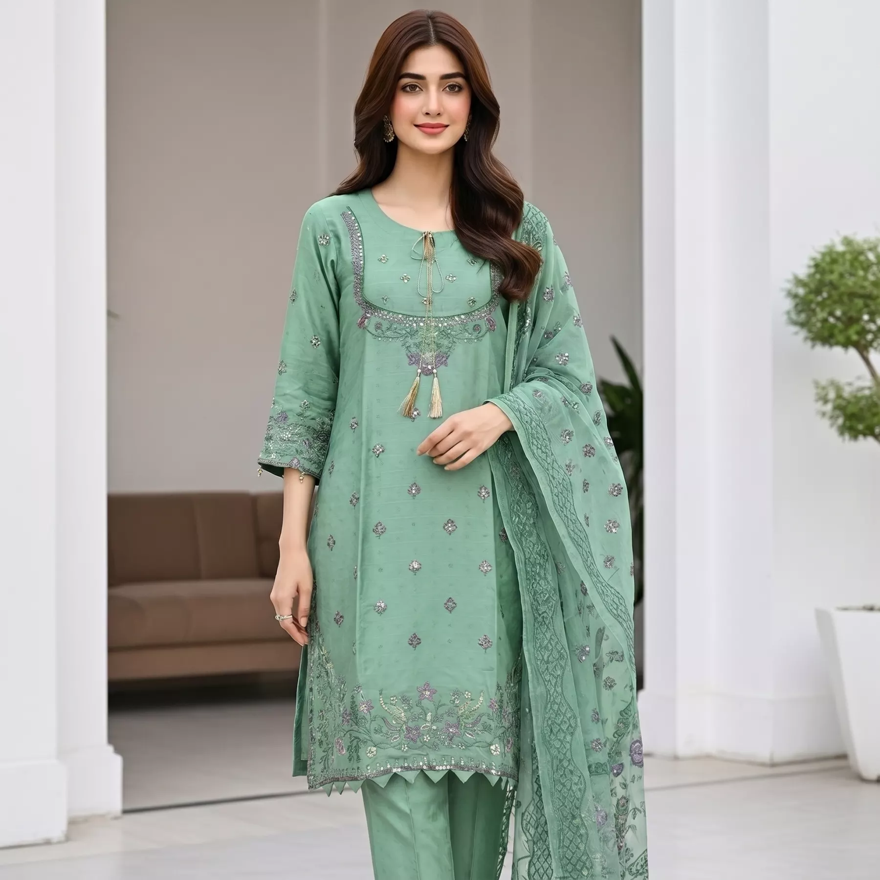Green 3 piece Embroidered Cambric Cotton Stitvhed Suit