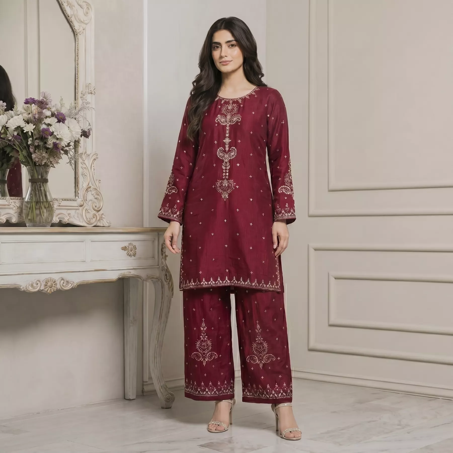 Maroon 2 piece Embroidered Stitched Suit
