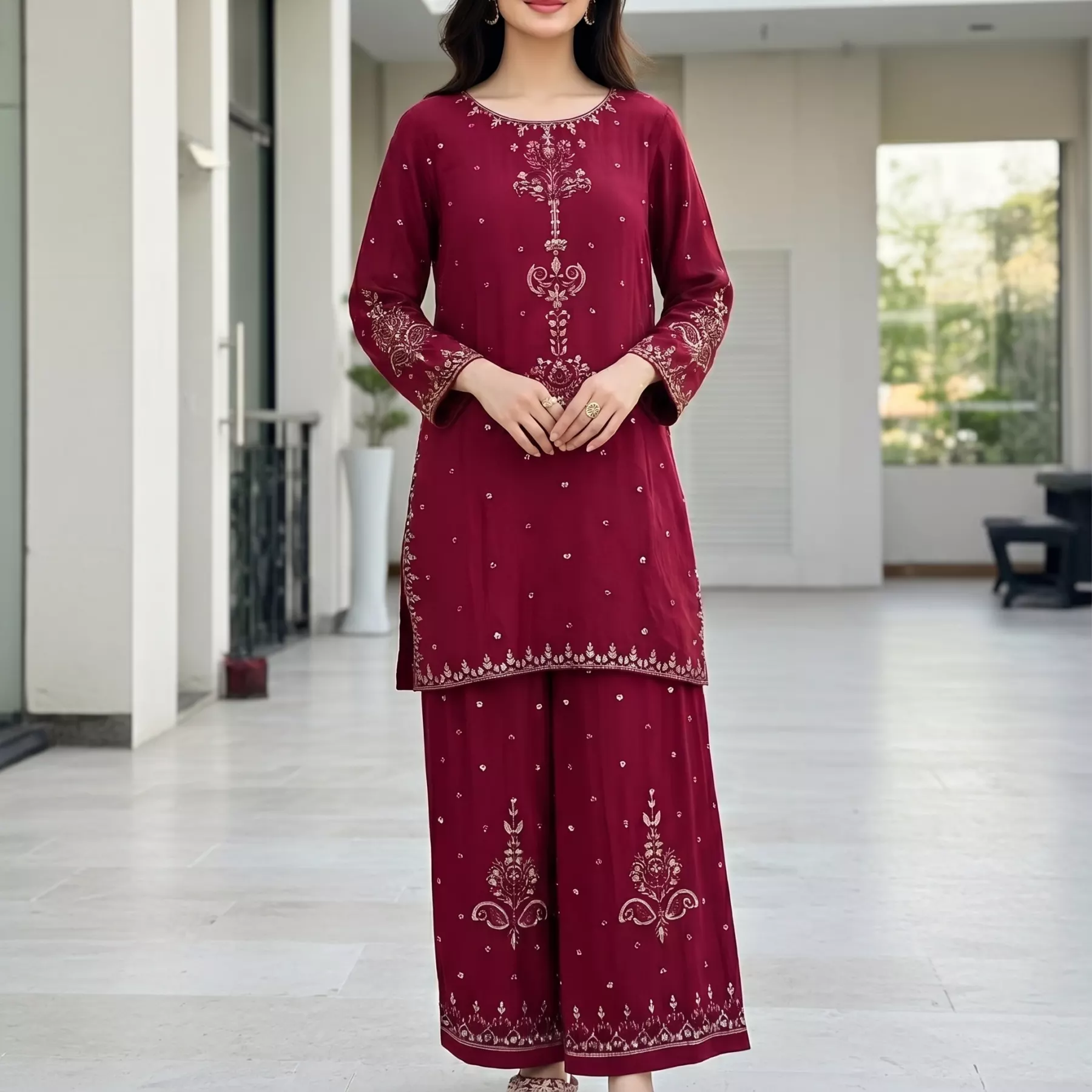 Maroon 2 piece Embroidered Stitched Suit