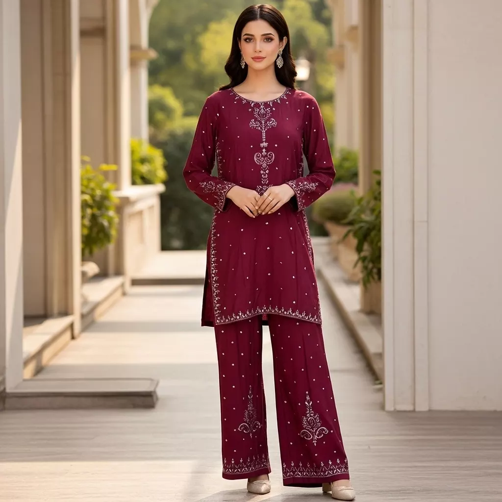 Maroon 2 piece Embroidered Stitched Suit