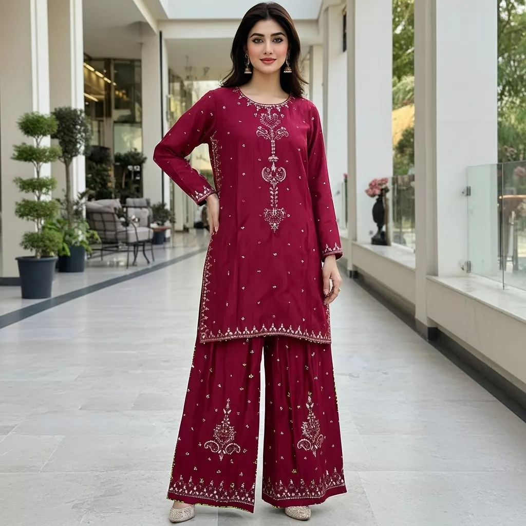 Maroon 2 piece Embroidered Stitched Suit