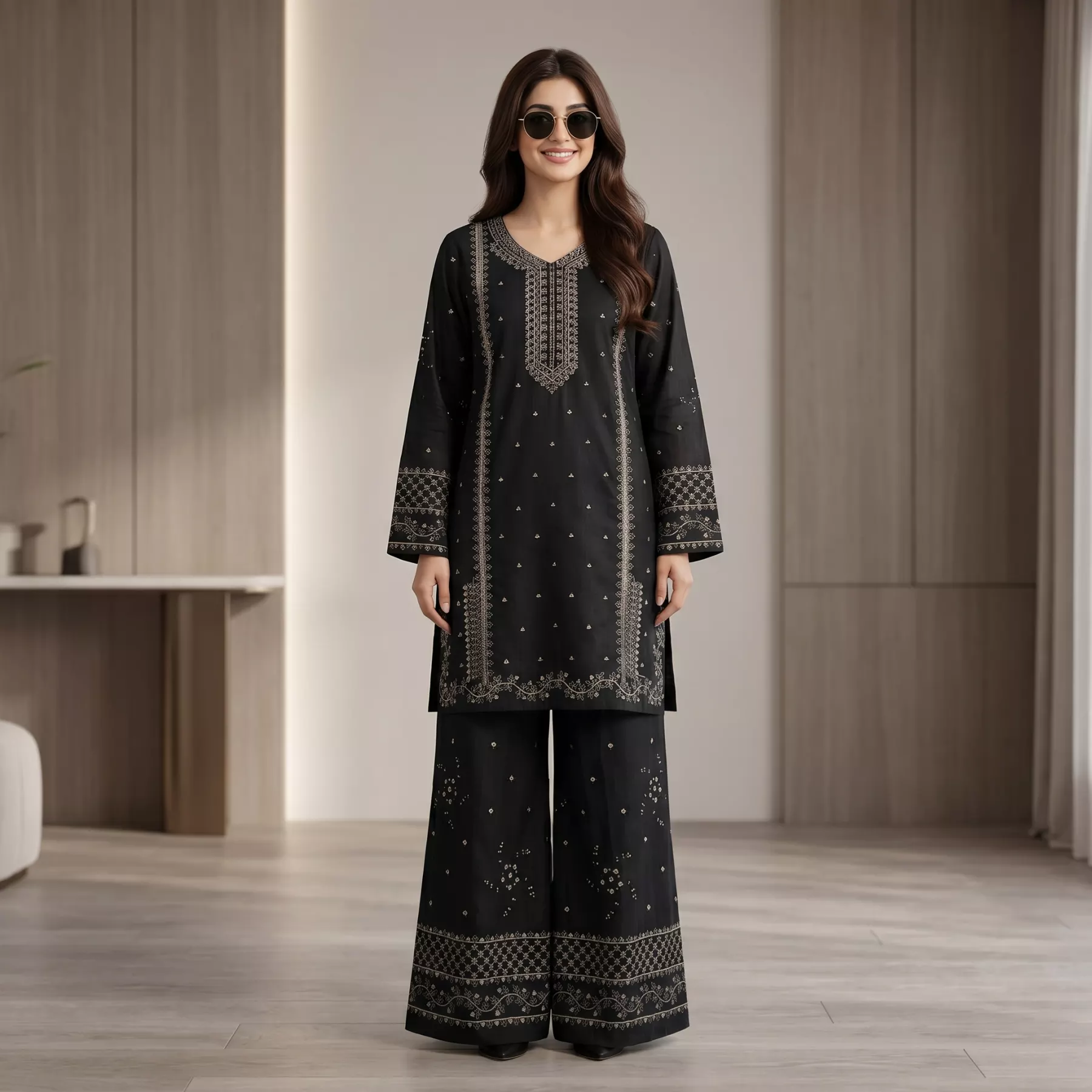 Black 2 piece Embroidered Stitched Suit
