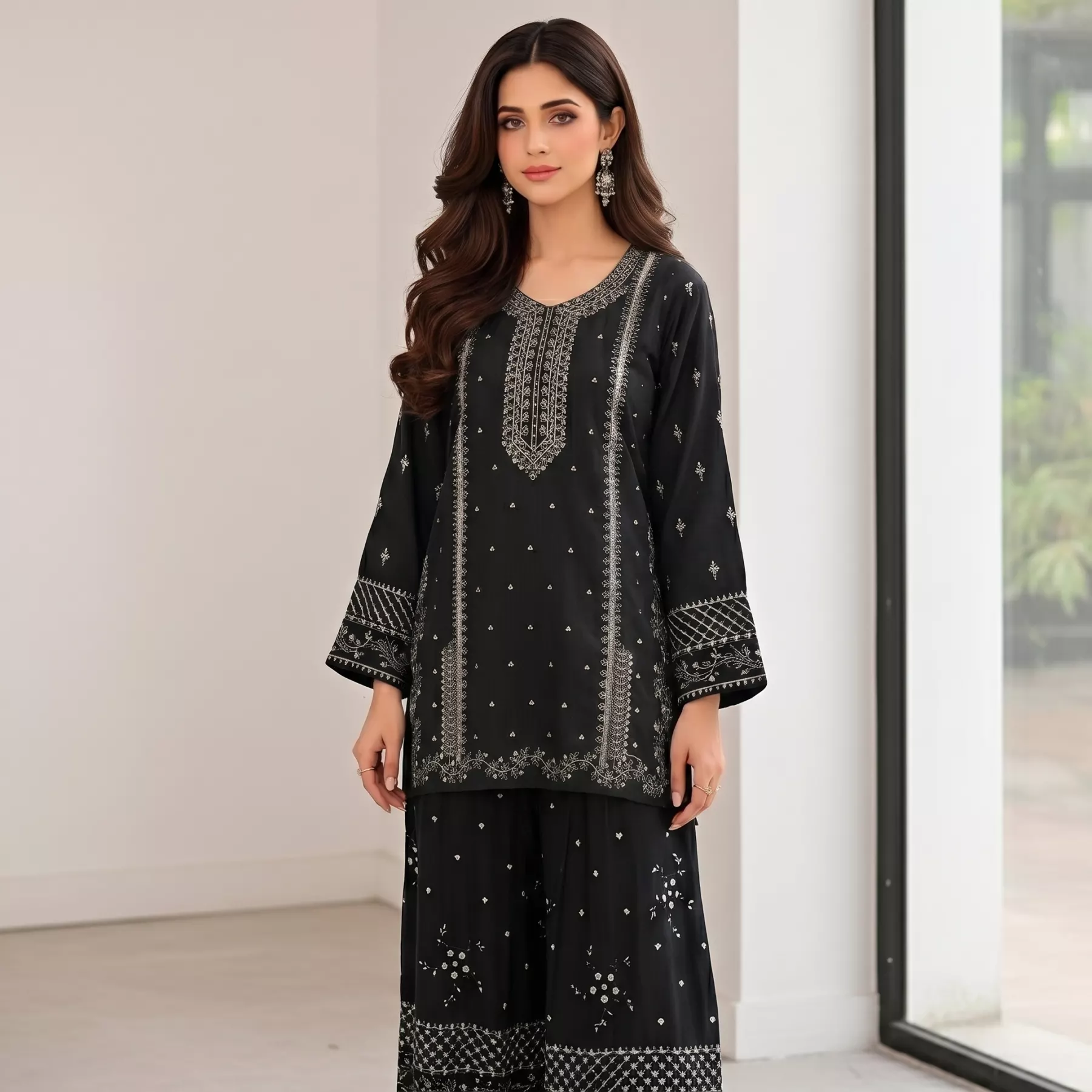 Black 2 piece Embroidered Stitched Suit