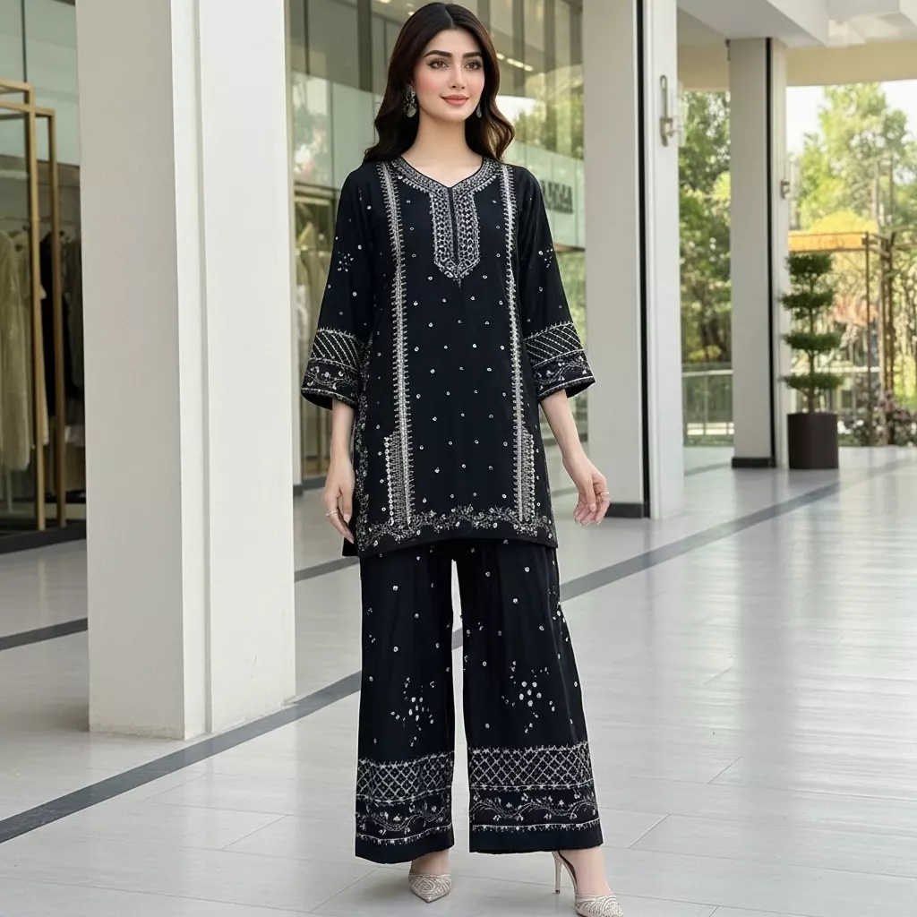 Black 2 piece Embroidered Stitched Suit