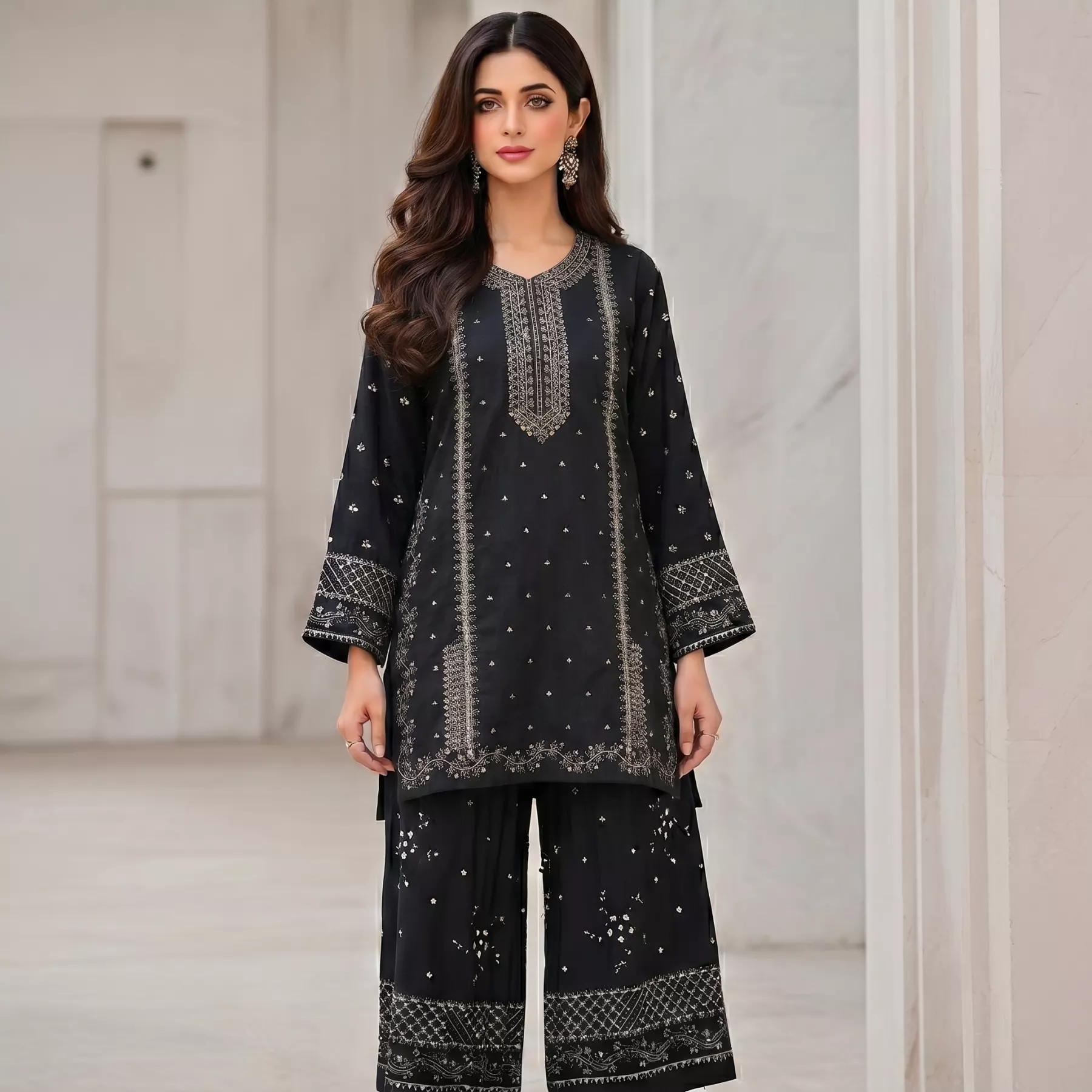 Black 2 piece Embroidered Stitched Suit
