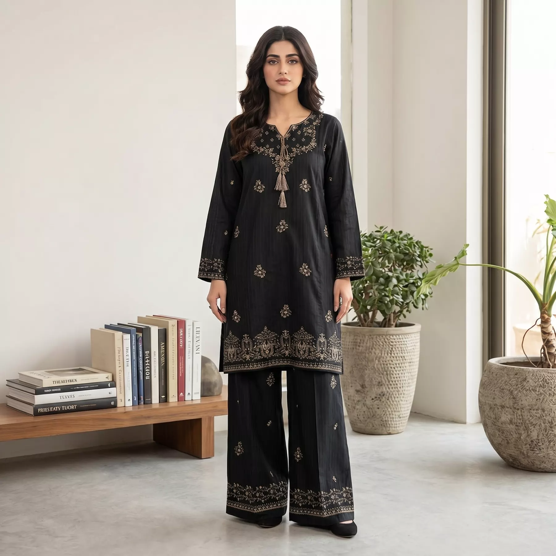 Black 2 piece Cambric Cotton Embroidered Stitched Suit