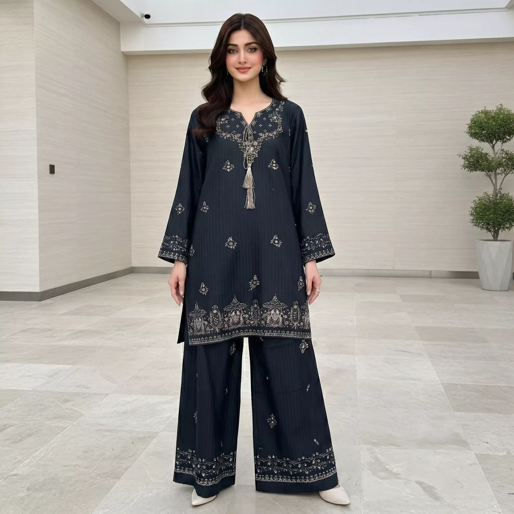 Black 2 piece Cambric Cotton Embroidered Stitched Suit