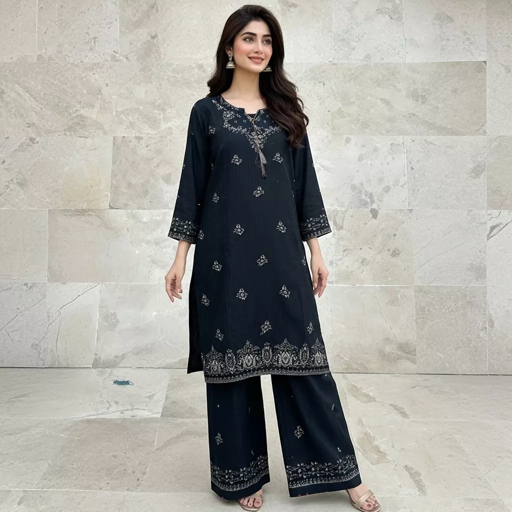 Black 2 piece Cambric Cotton Embroidered Stitched Suit