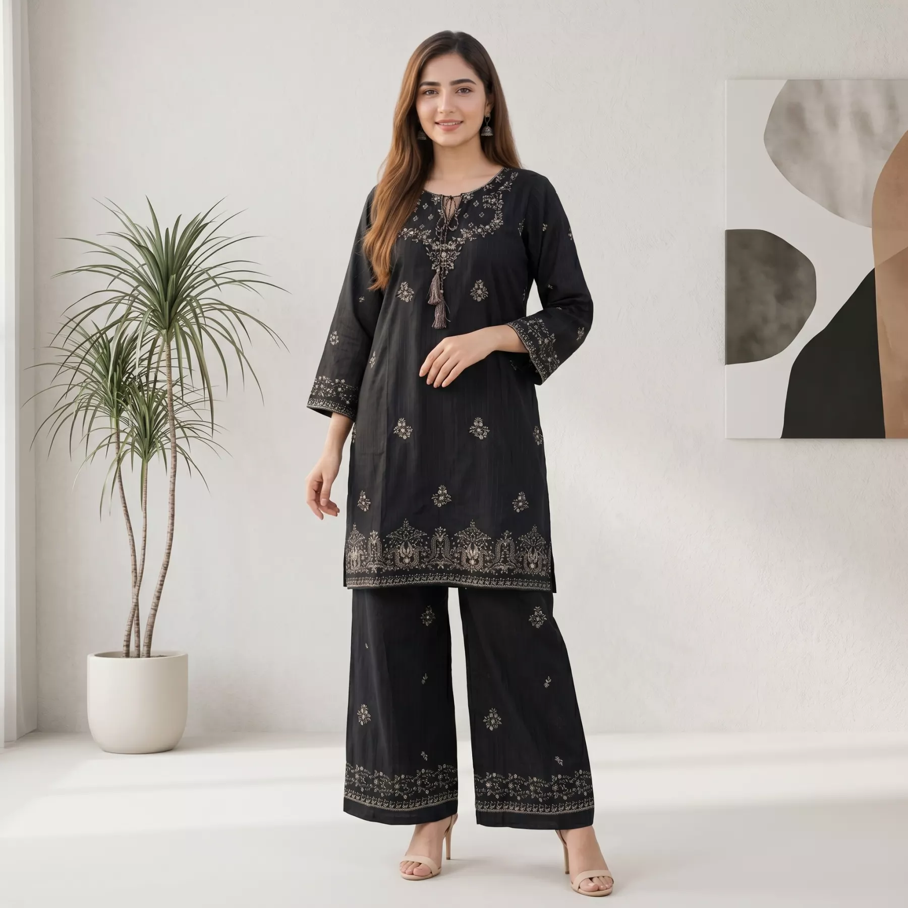 Black 2 piece Cambric Cotton Embroidered Stitched Suit