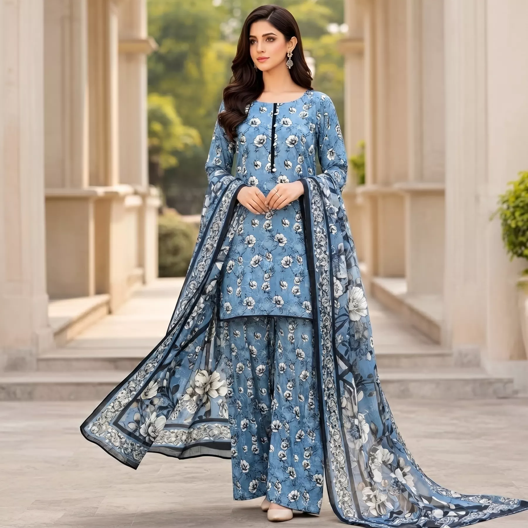 Light Blue 3 piece digital printed Suit
