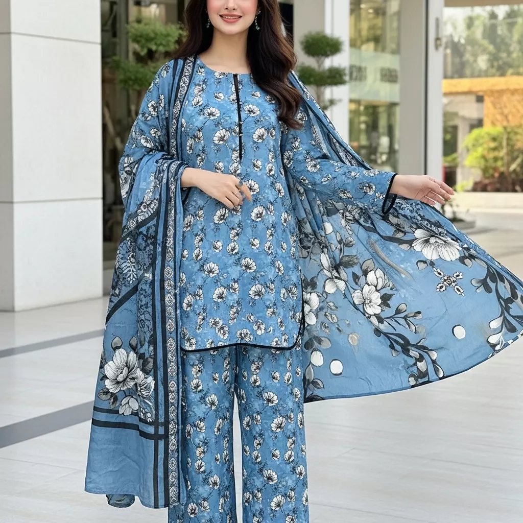 Light Blue 3 piece digital printed Suit
