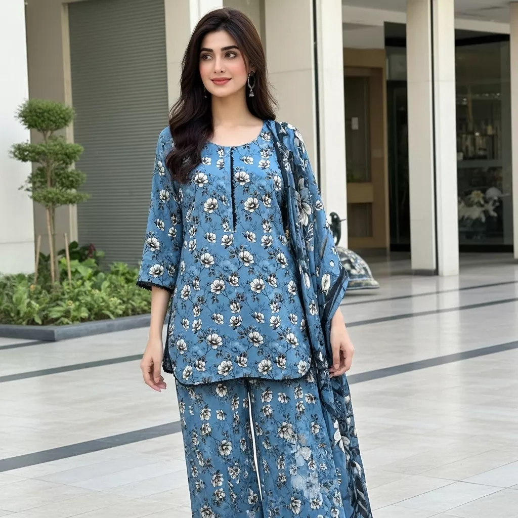 Light Blue 3 piece digital printed Suit