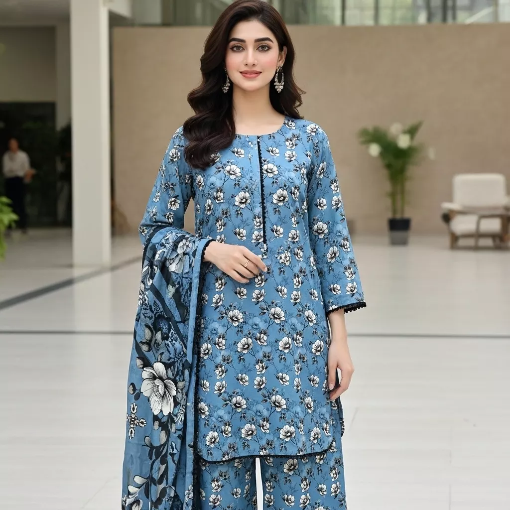 Light Blue 3 piece digital printed Suit