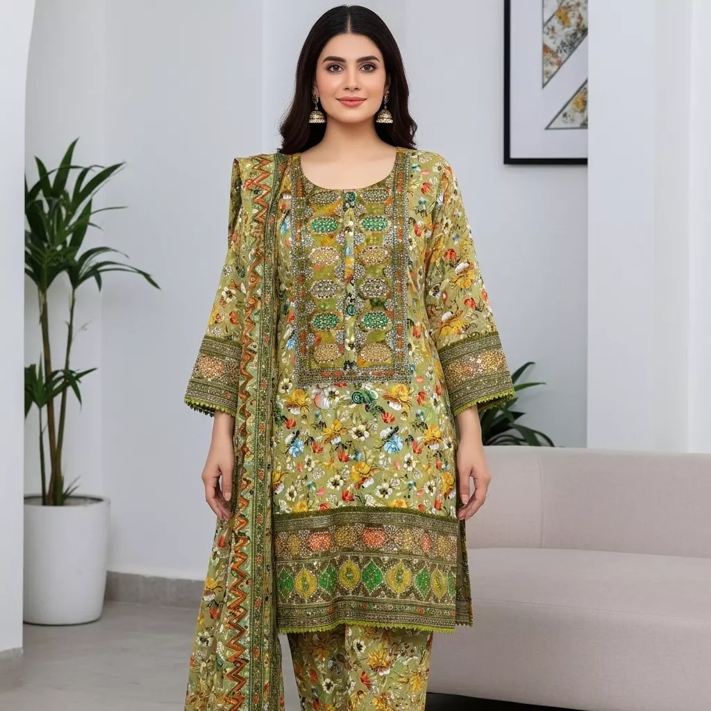 3 piece cotton sequins work Stitched Suit