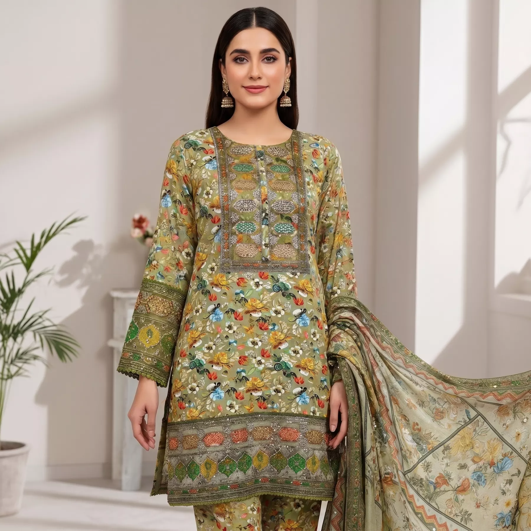 3 piece cotton sequins work Stitched Suit