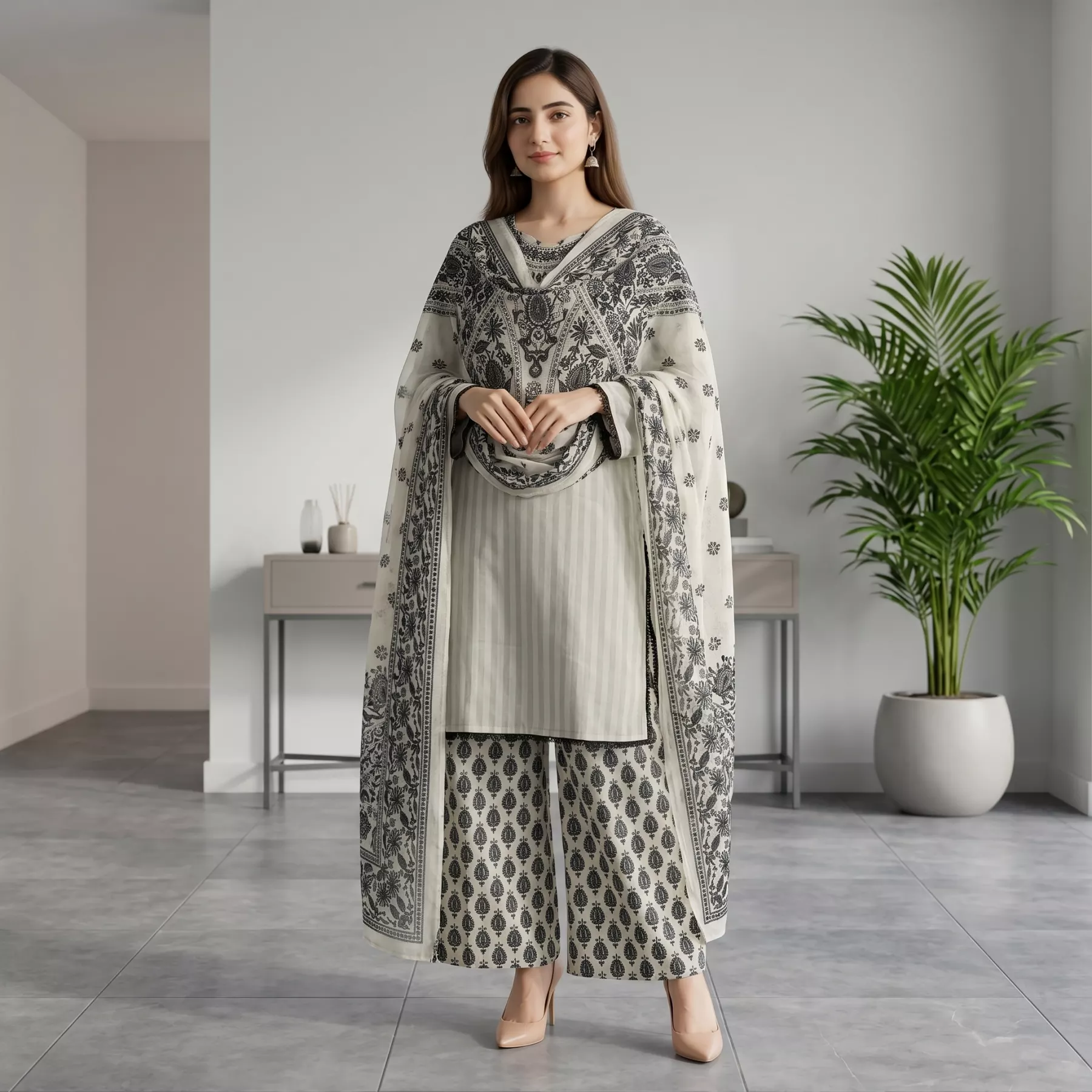 Elegant Cream 3 Piece Printed Dress with Hand Bead Work