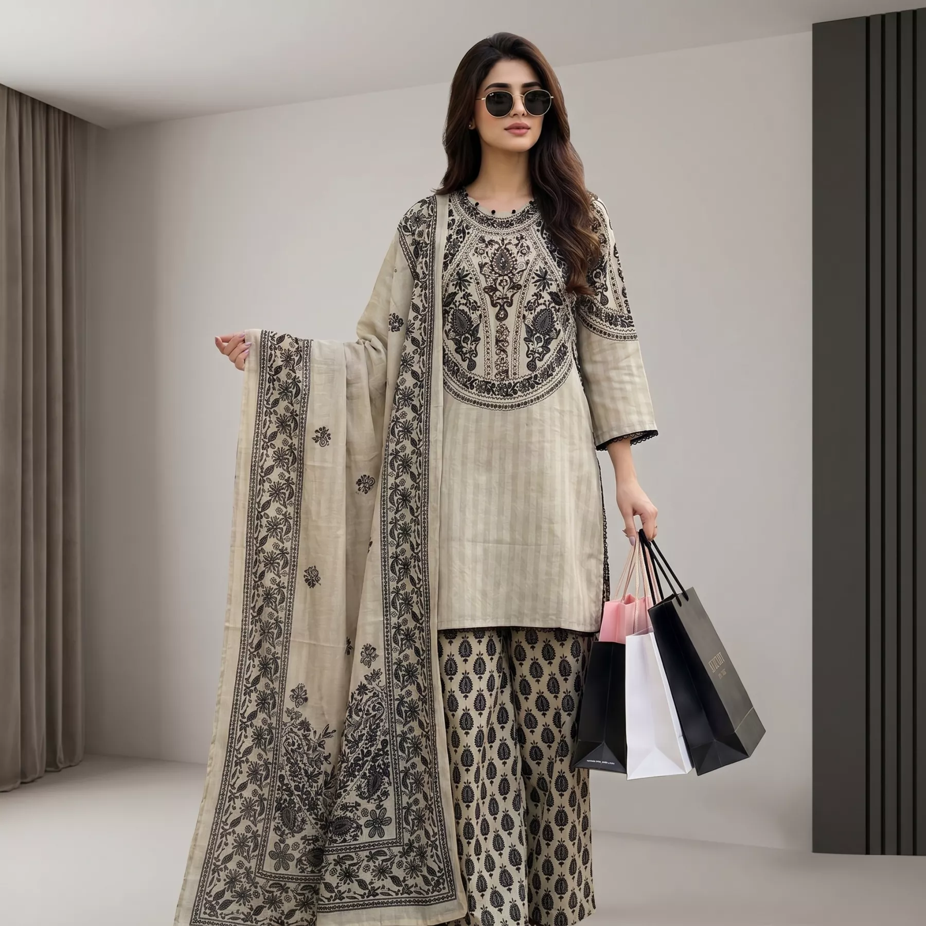 Elegant Cream 3 Piece Printed Dress with Hand Bead Work