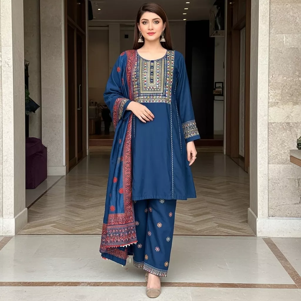 3 piece Embroidered Mirror Work Frock