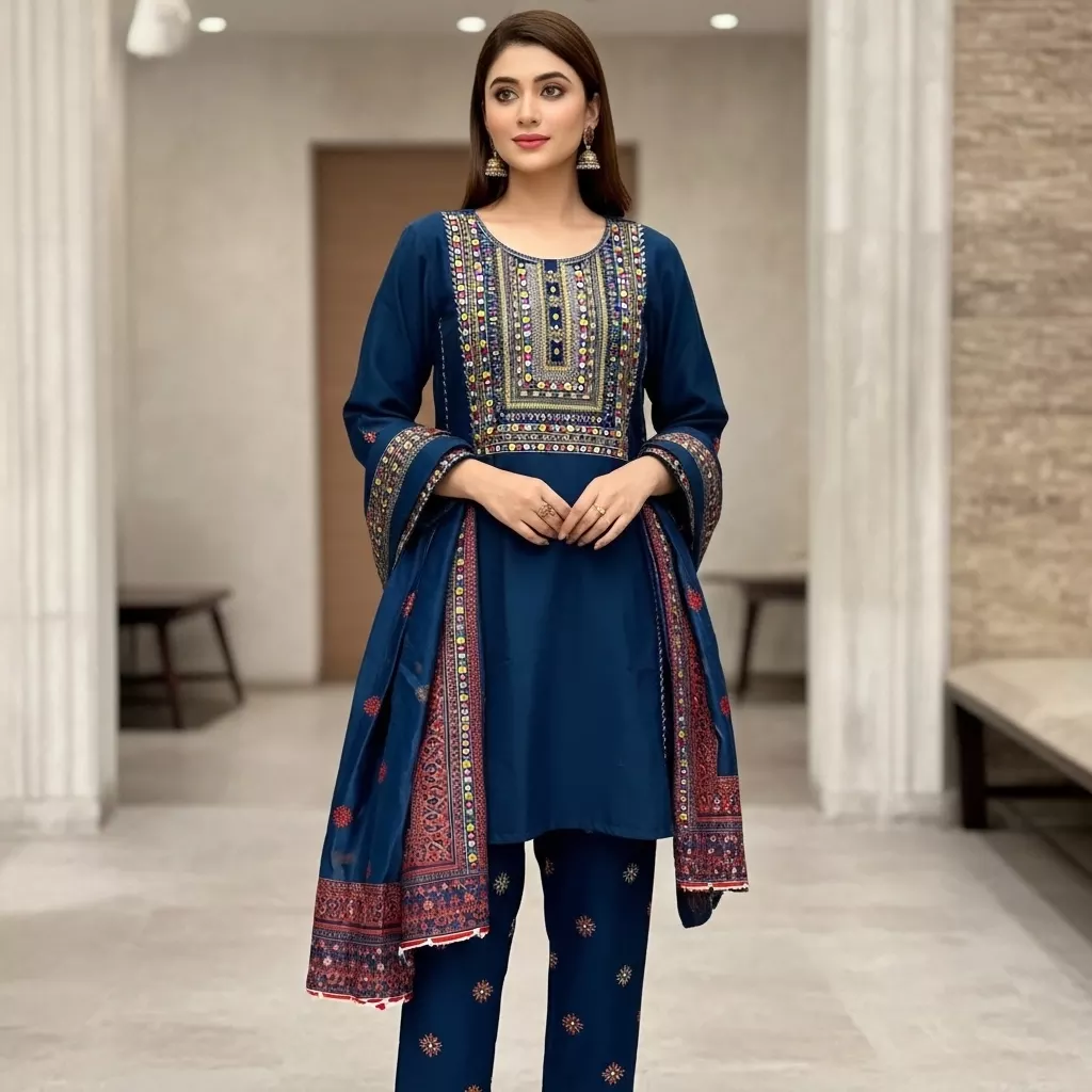 3 piece Embroidered Mirror Work Frock