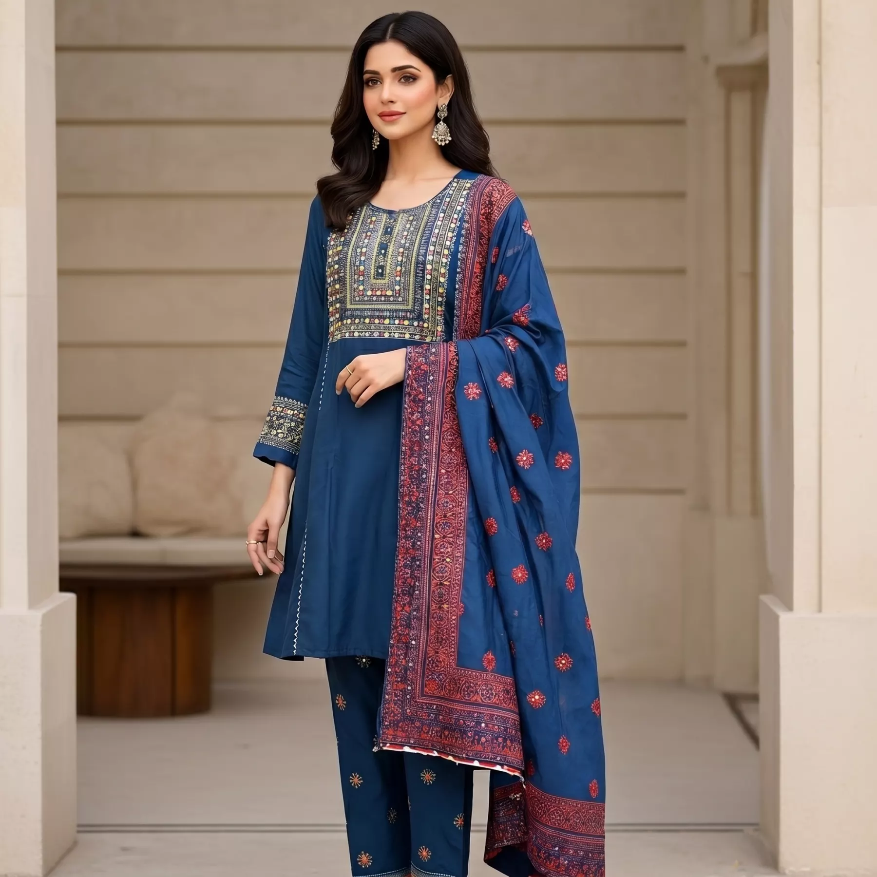 3 piece Embroidered Mirror Work Frock