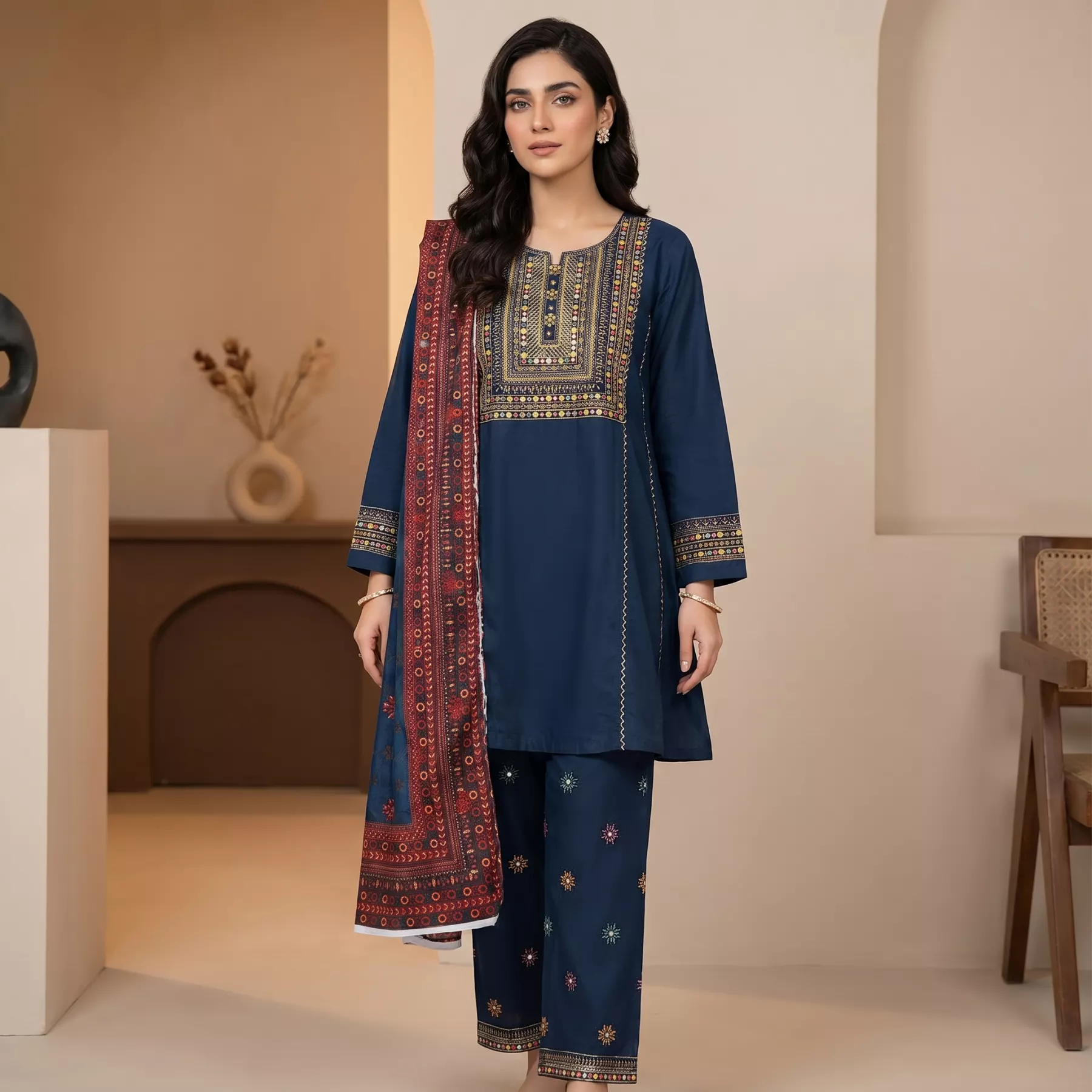 3 piece Embroidered Mirror Work Frock