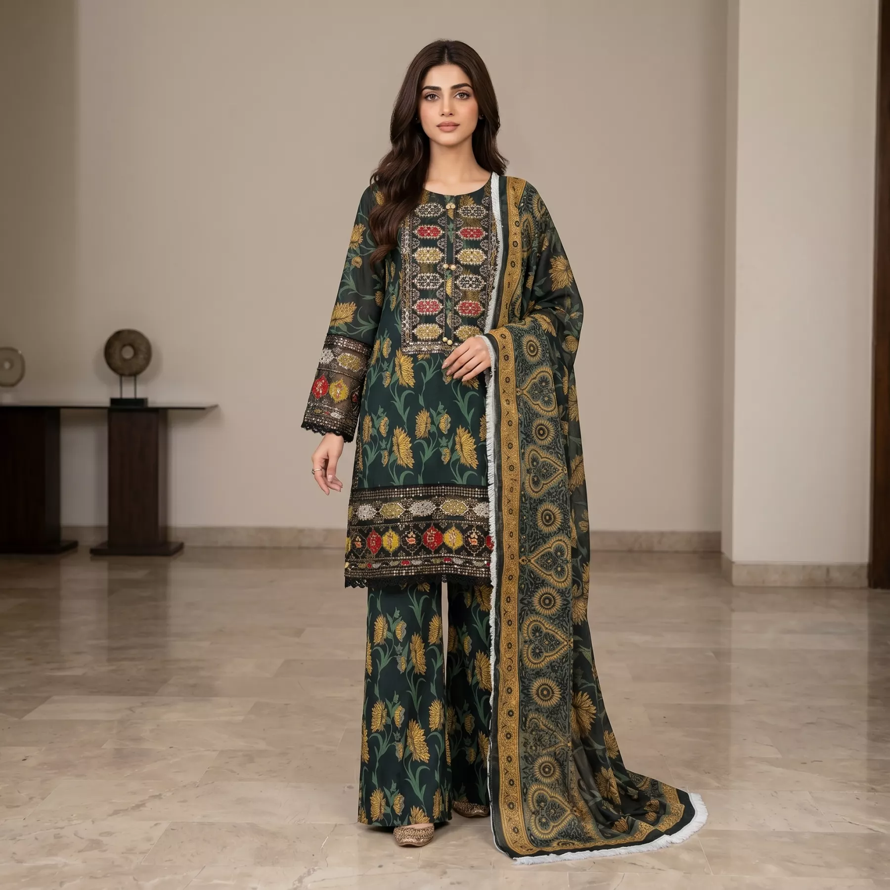 Black 3 piece cotton sequins work Stitched Suit