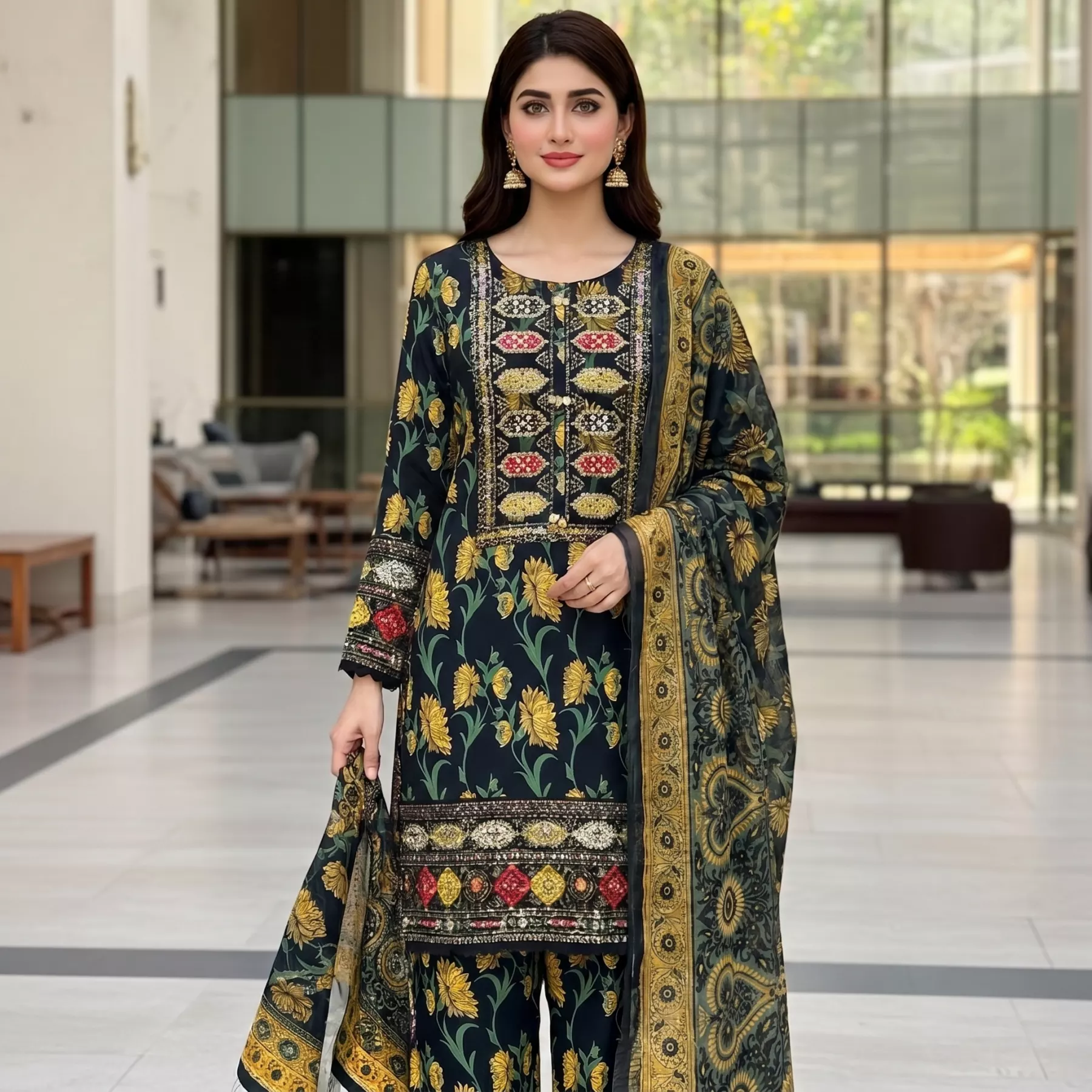 Black 3 piece cotton sequins work Stitched Suit