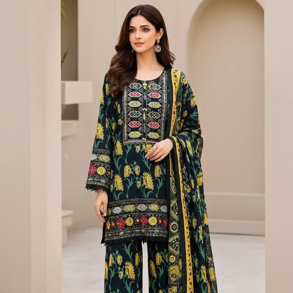 Black 3 piece cotton sequins work Stitched Suit