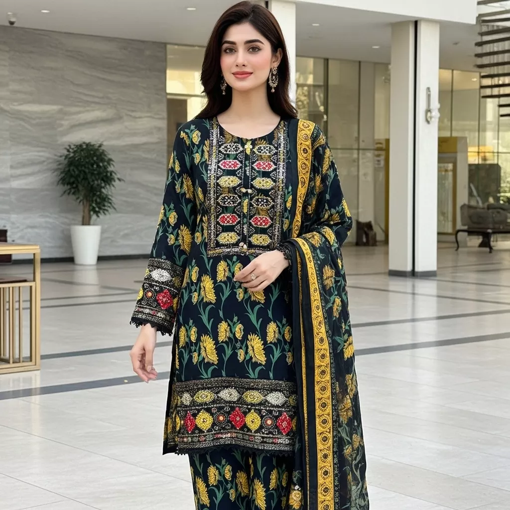 Black 3 piece cotton sequins work Stitched Suit