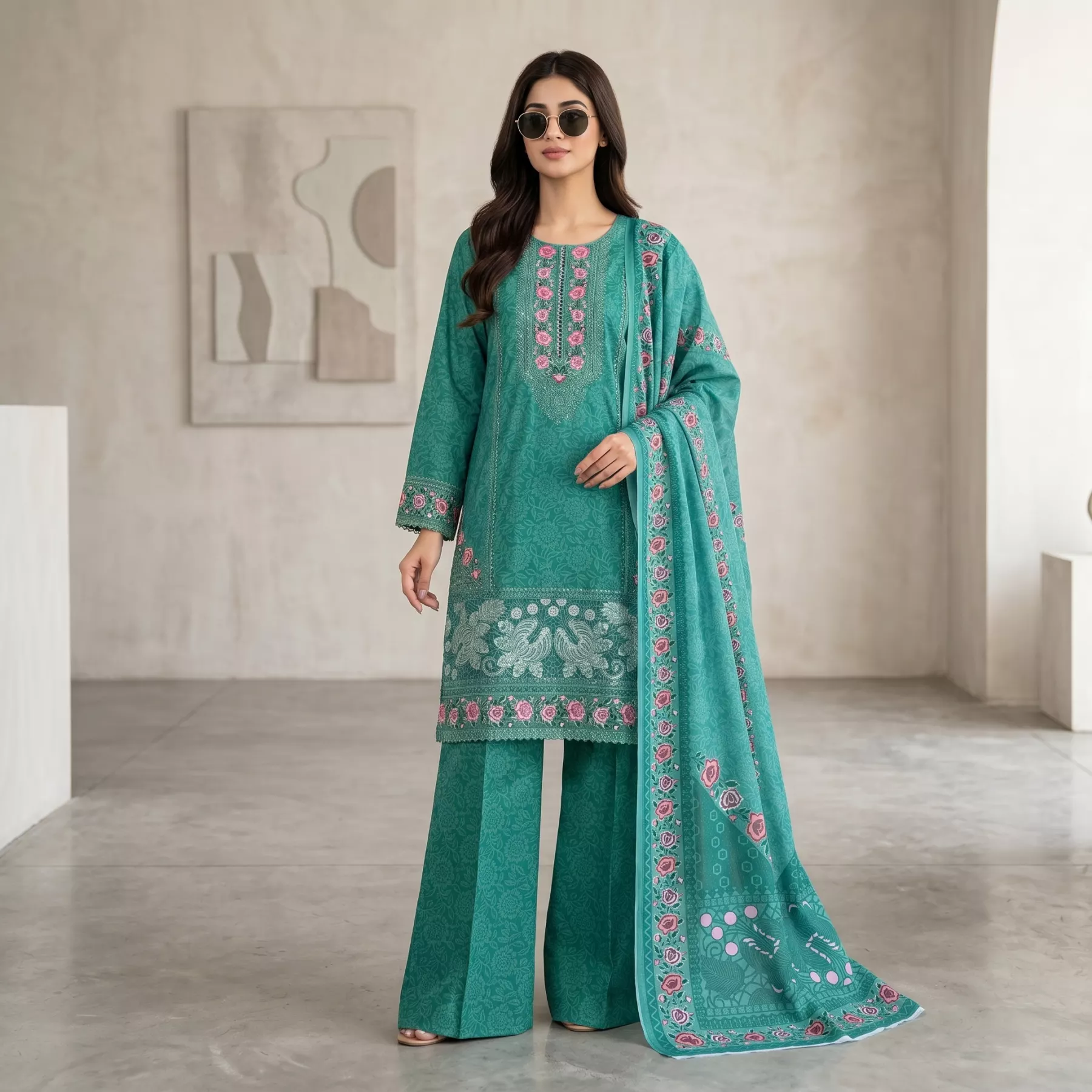 Green Winter Cotton 3 piece Stitched Suit
