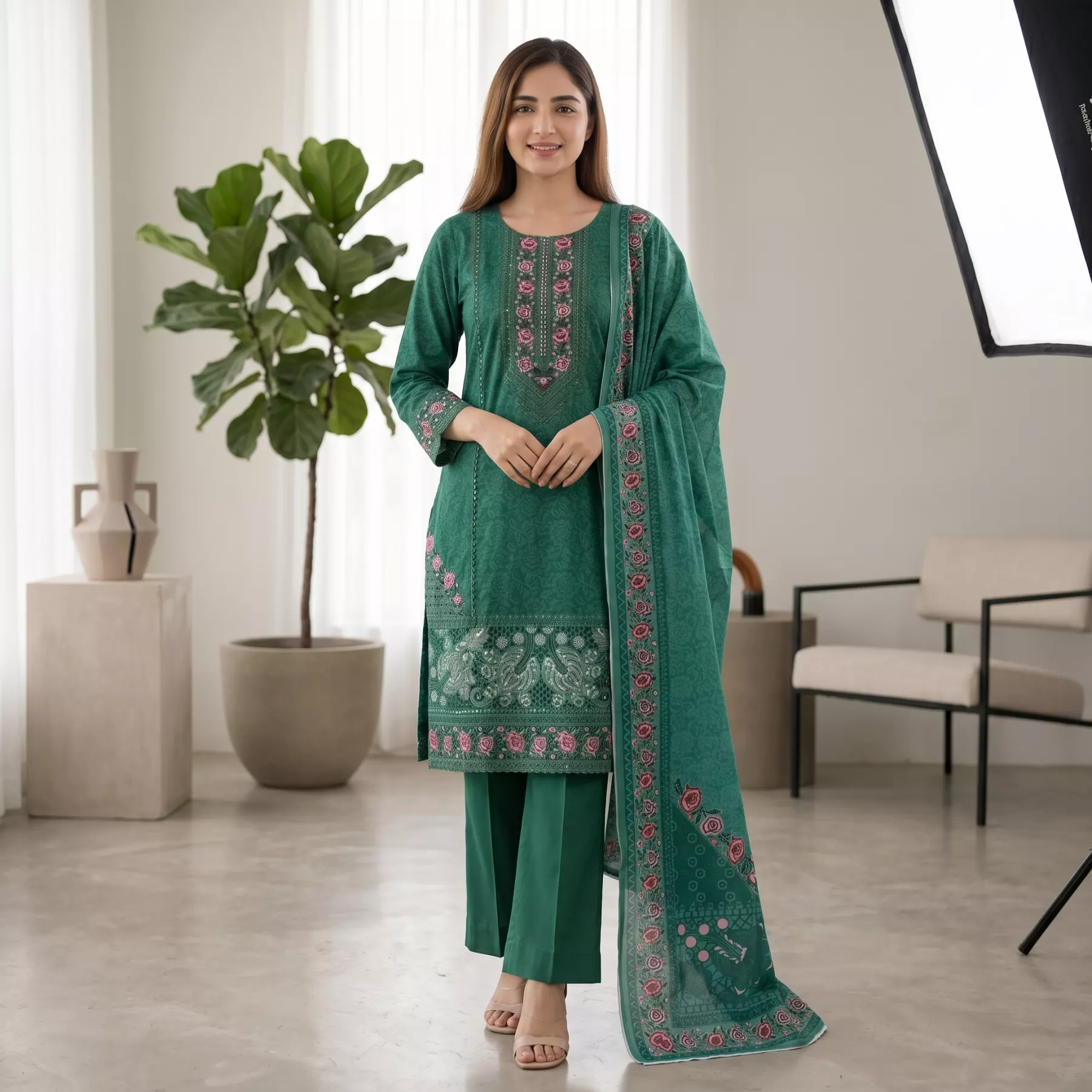 Green Winter Cotton 3 piece Stitched Suit