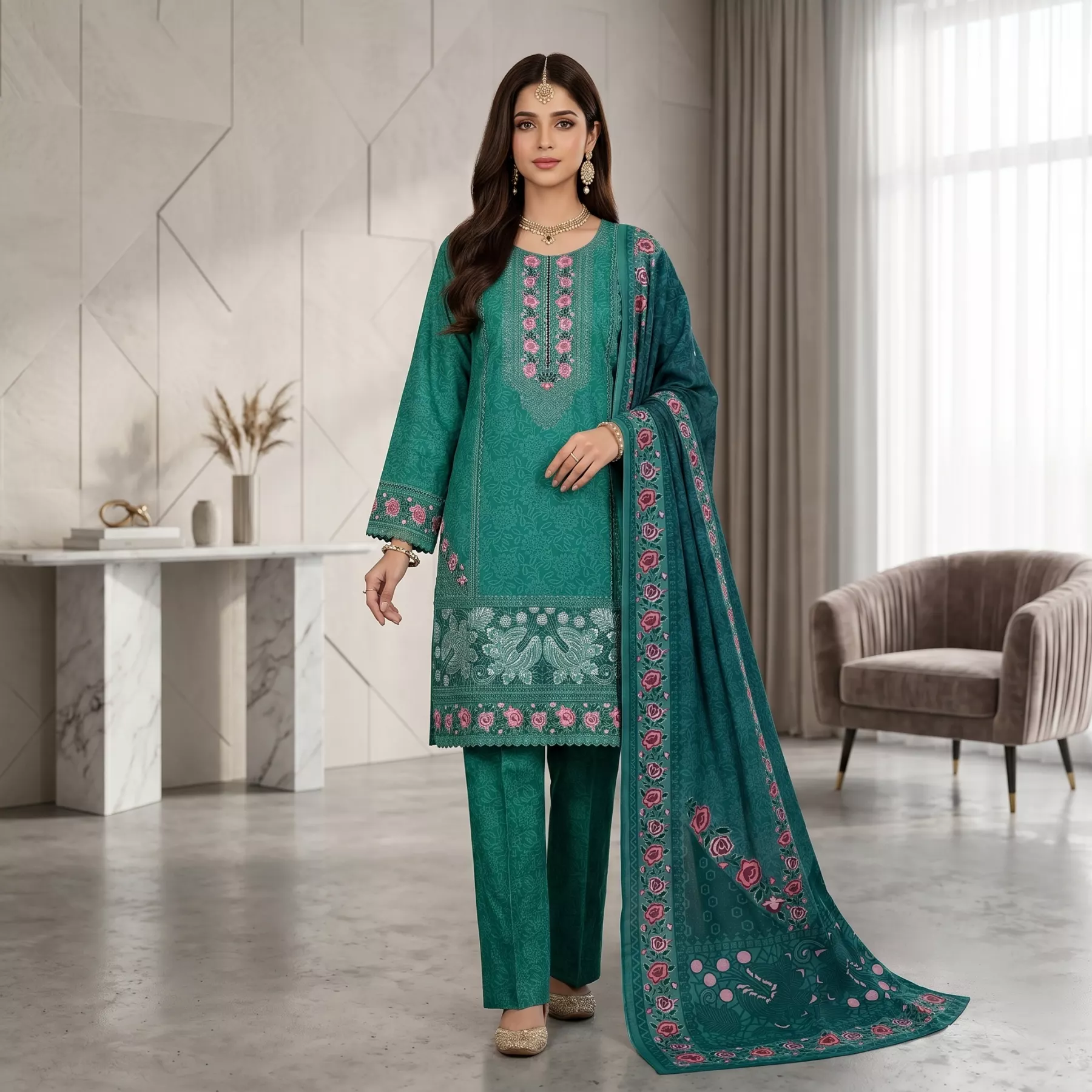 Green Winter Cotton 3 piece Stitched Suit