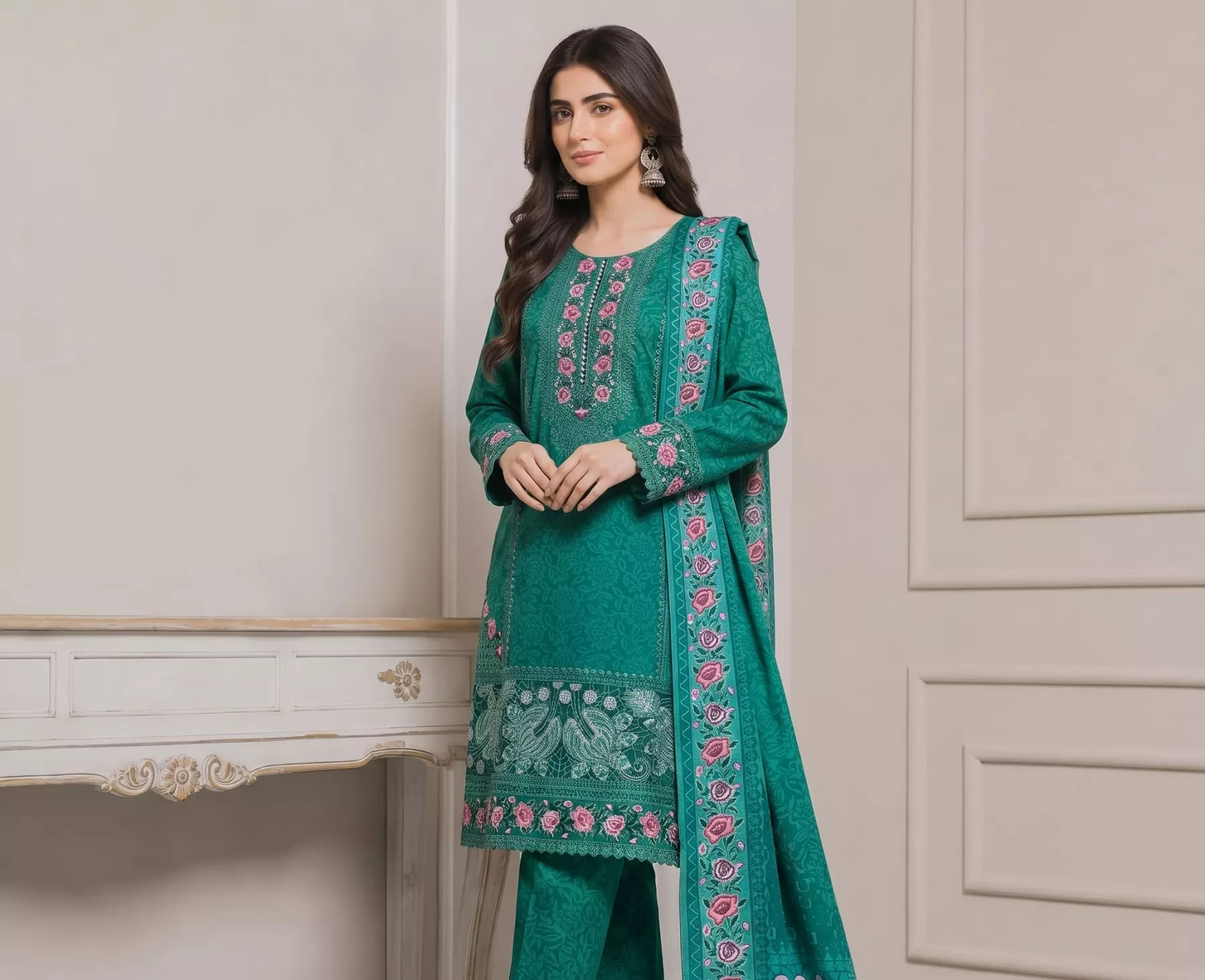 Green Winter Cotton 3 piece Stitched Suit