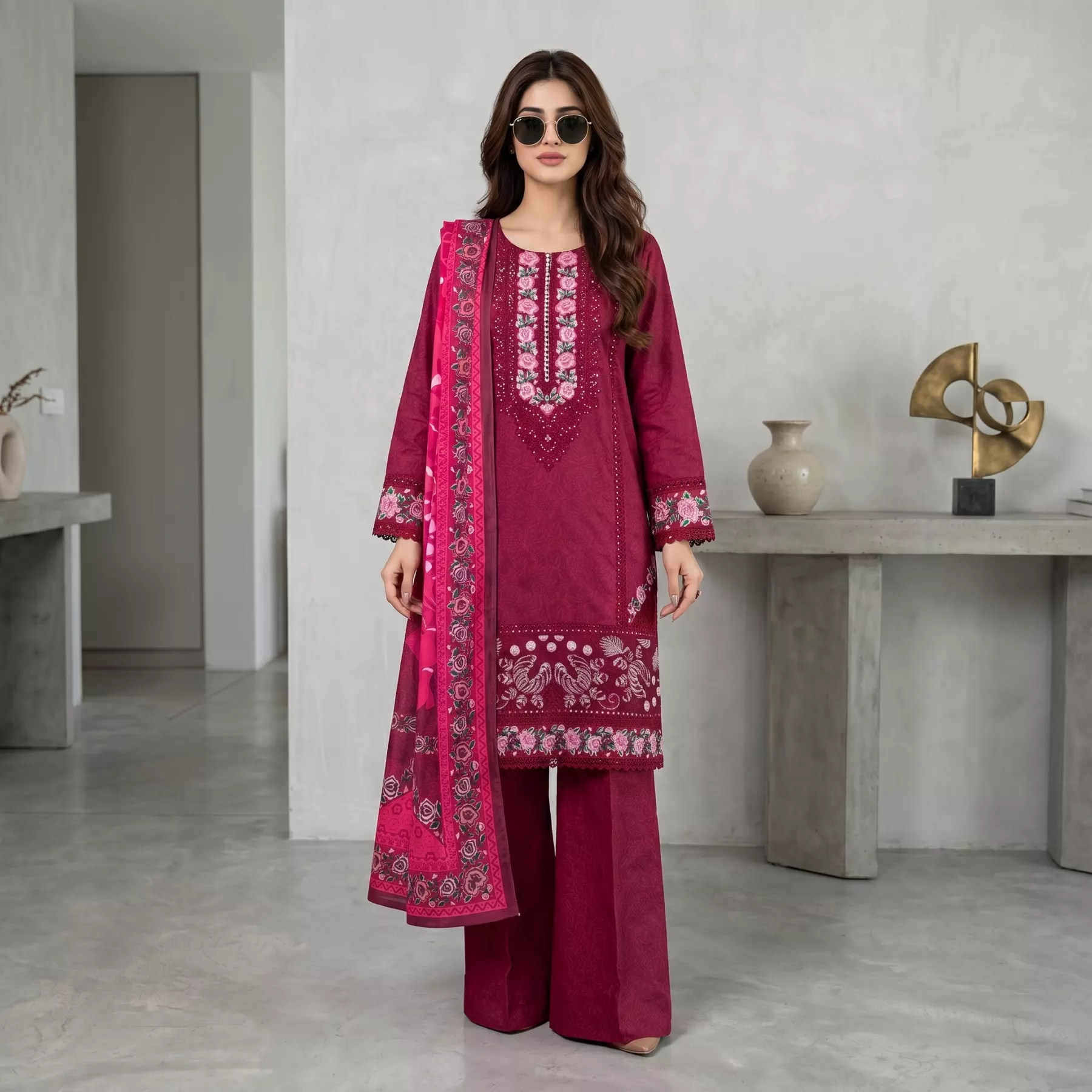 Pink Winter Cotton 3 piece Stitched Suit