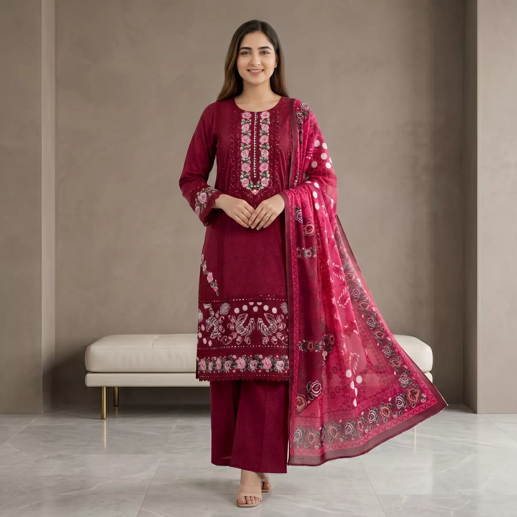 Pink Winter Cotton 3 piece Stitched Suit