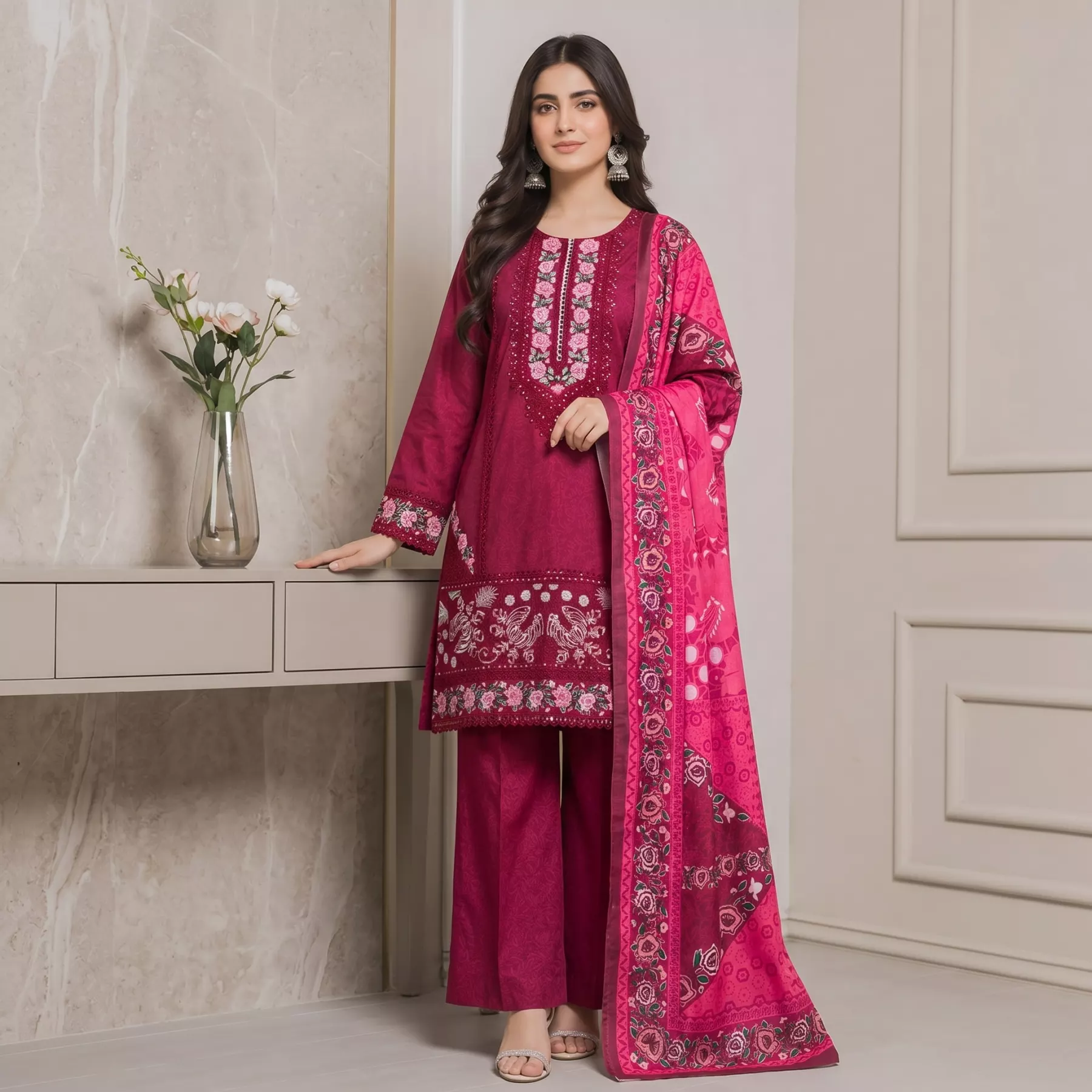 Pink Winter Cotton 3 piece Stitched Suit