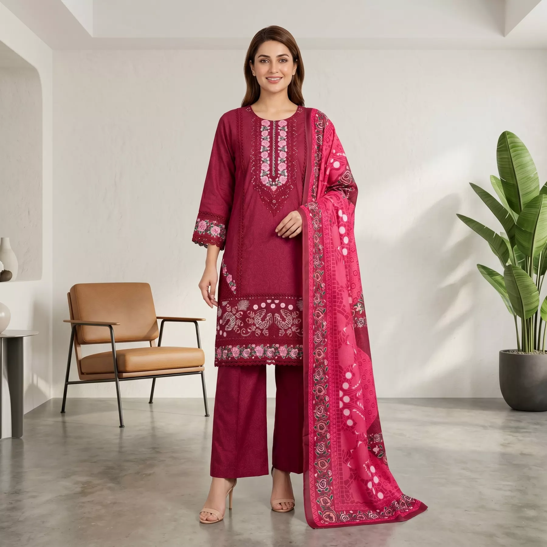 Pink Winter Cotton 3 piece Stitched Suit