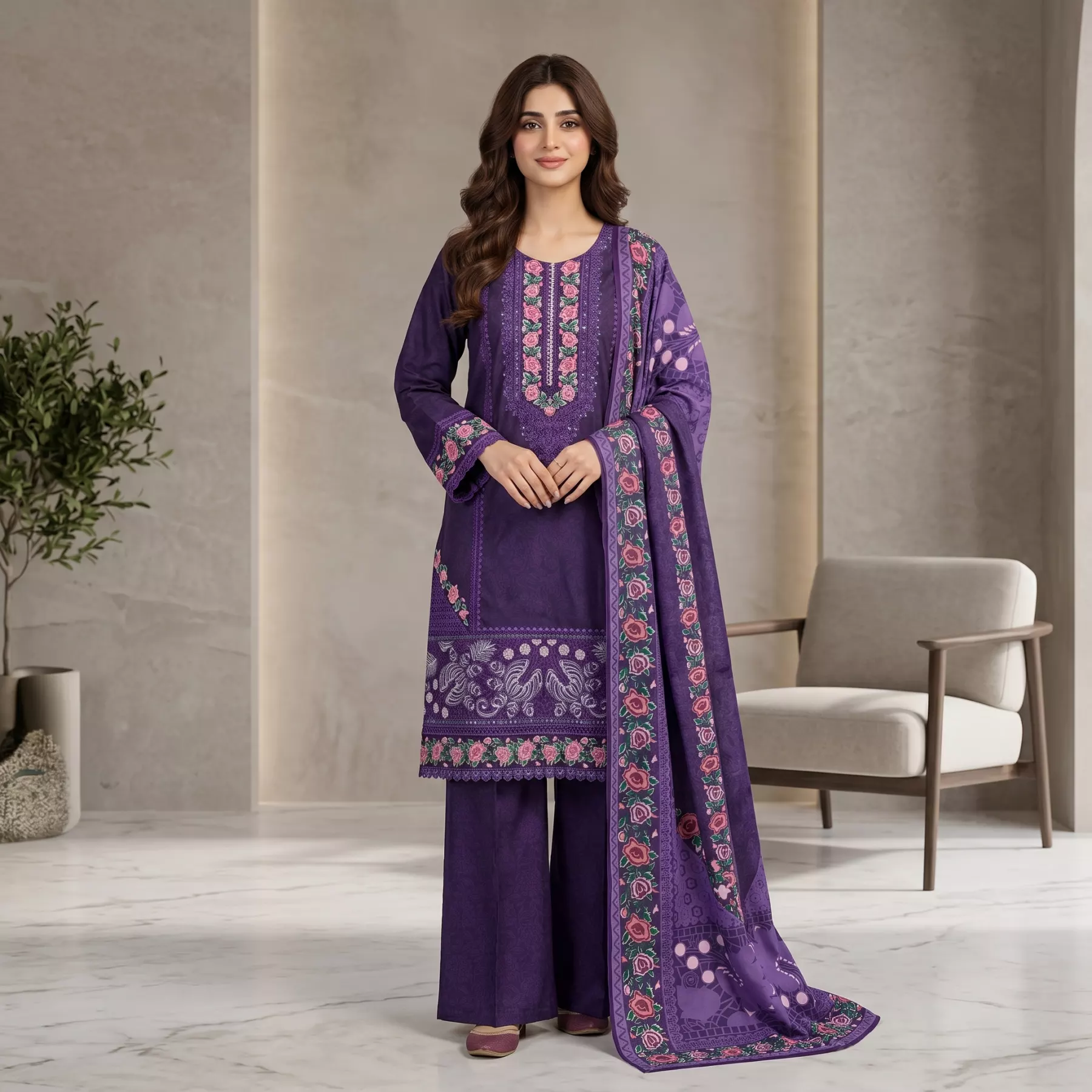 Purple Winter Cotton 3 piece Stitched Suit