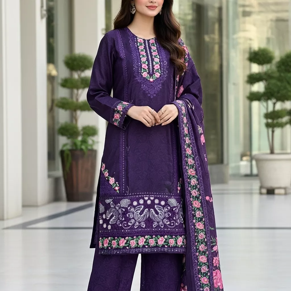 Purple Winter Cotton 3 piece Stitched Suit